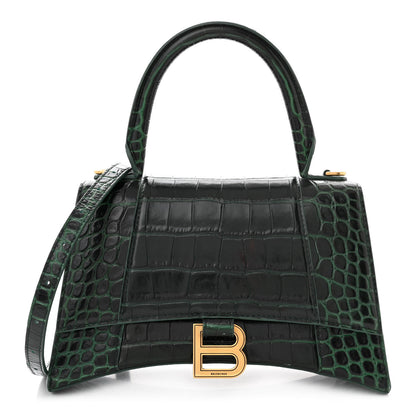 Balenciaga Shiny Calfskin Crocodile Embossed Small Hourglass Top Handle Bag Forest Green 1 of 14