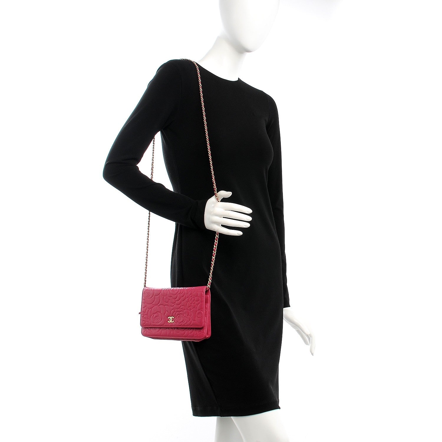 Chanel Lambskin Camellia Embossed Wallet on Chain WOC Fuchsia 2 of 9