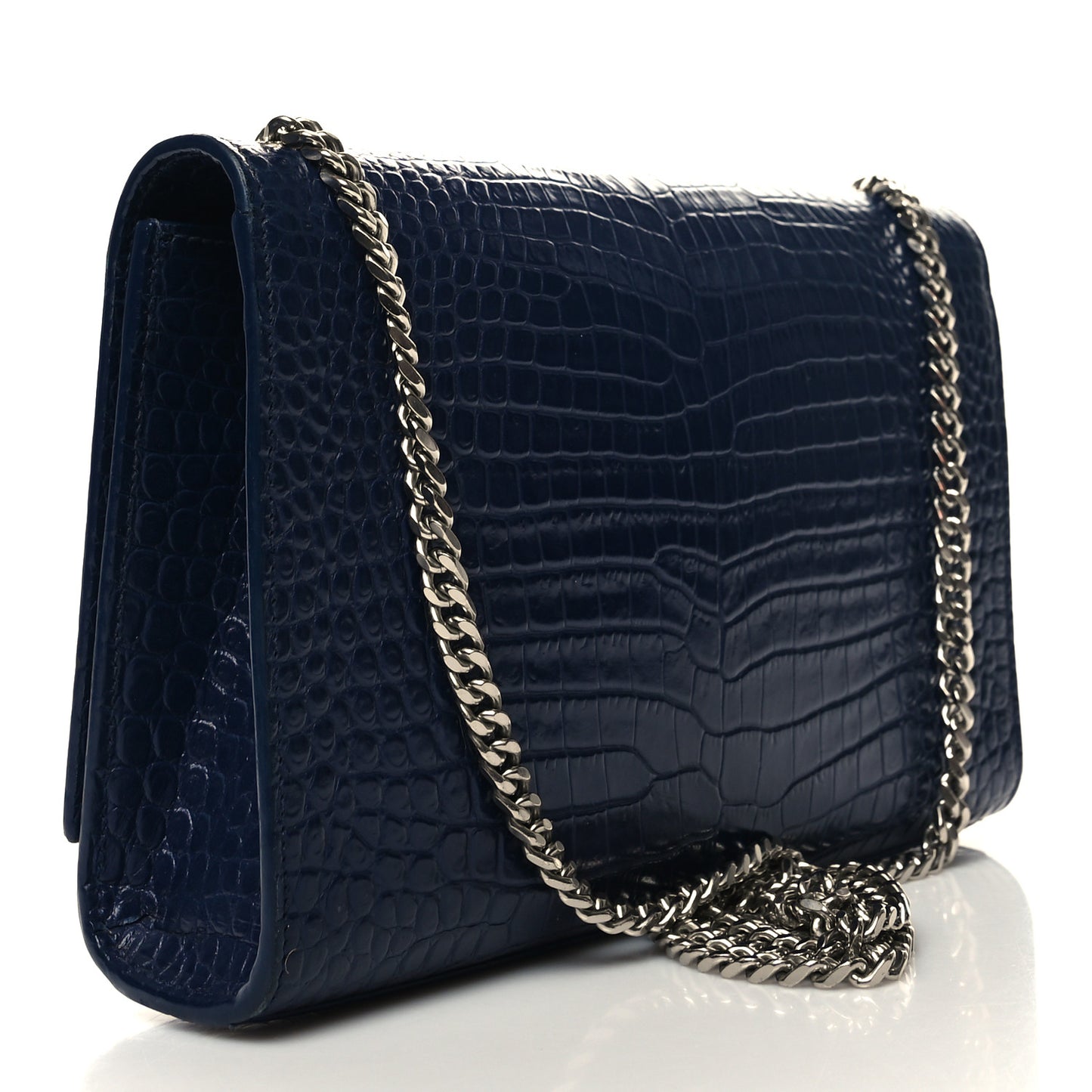 Calfskin Crocodile Embossed Medium Classic Monogram Kate Tassel Satchel Deep Marine