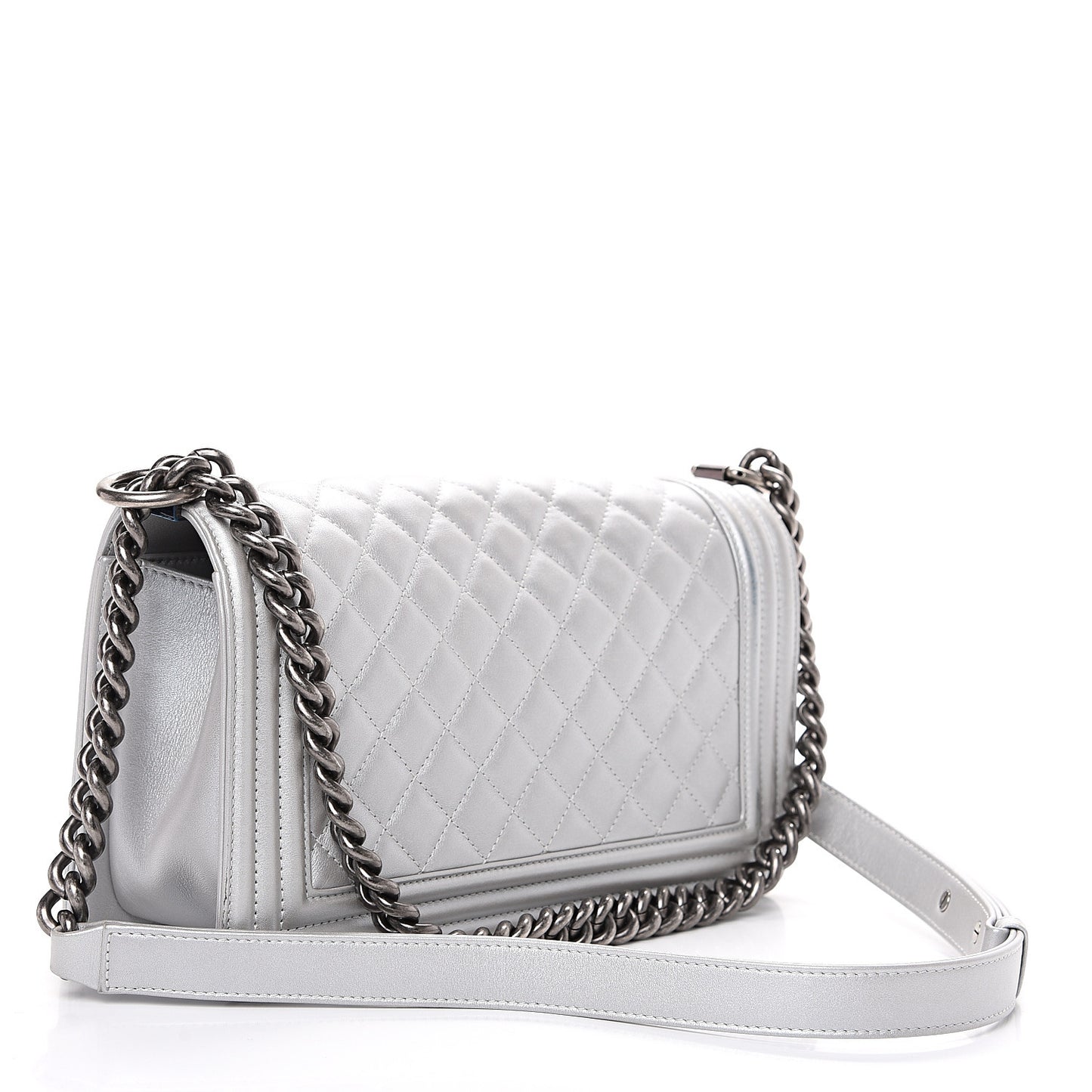 Metallic Calfskin Quilted Medium Boy Flap Silver