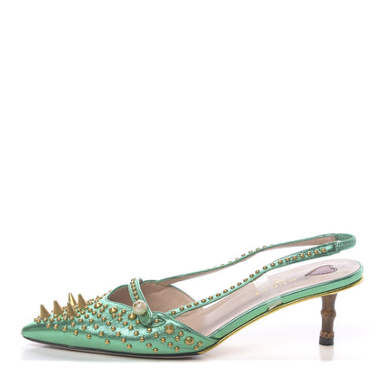 Gucci Metallic Calfskin Studded Unia Pointed Toe Low Heel Slingback Pumps 35.5 Green 1 of 12
