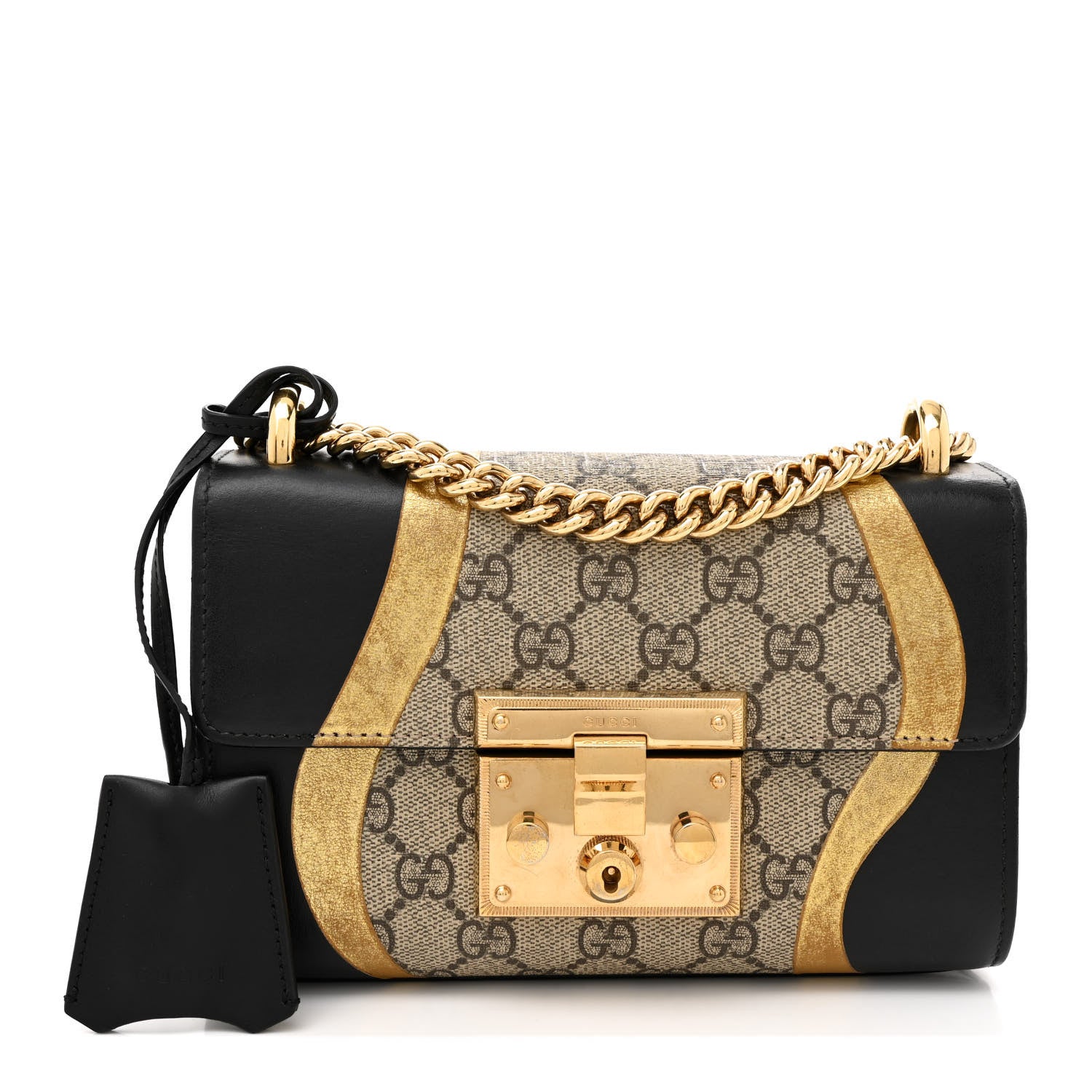 Gucci Calfskin GG Supreme Monogram Small Padlock Shoulder Bag Black Gold 1 of 14