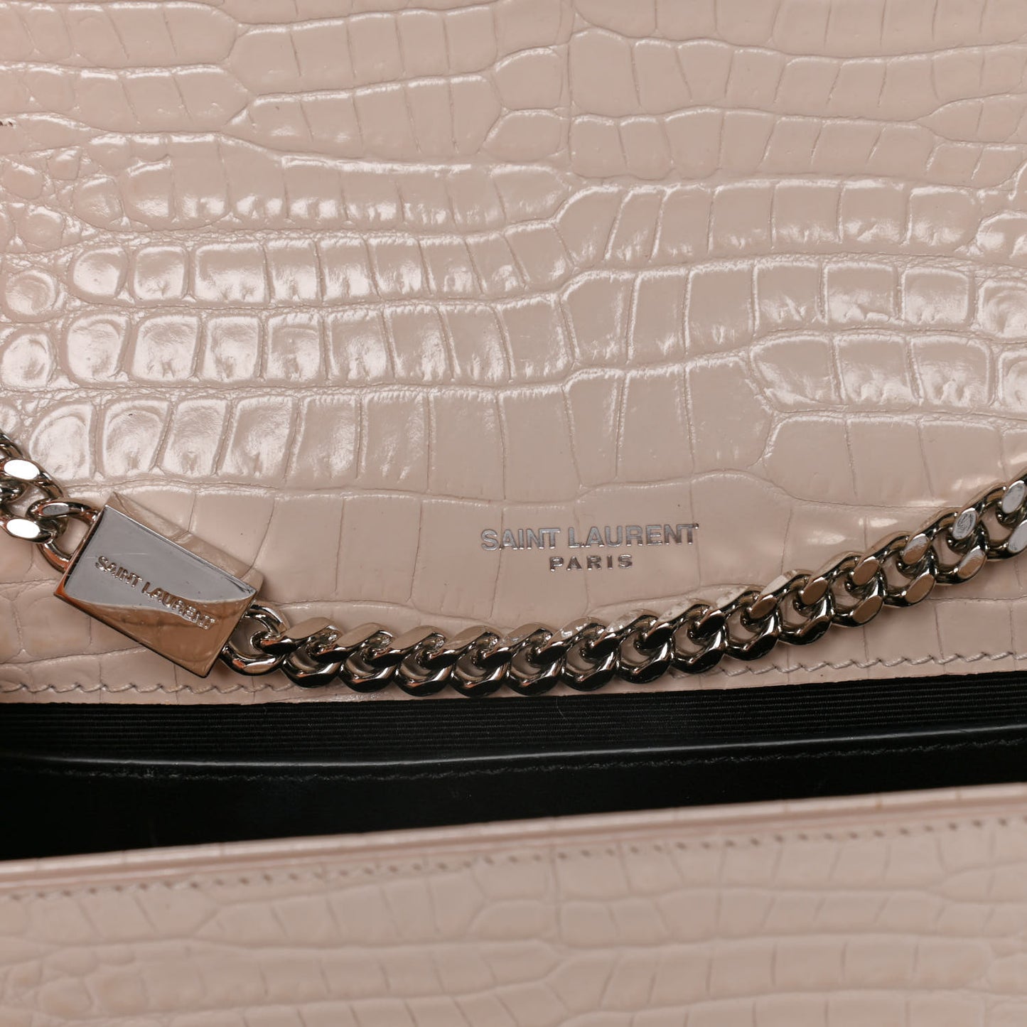 Calfskin Crocodile Embossed Small Classic Monogram Kate Tassel Satchel Light Pink