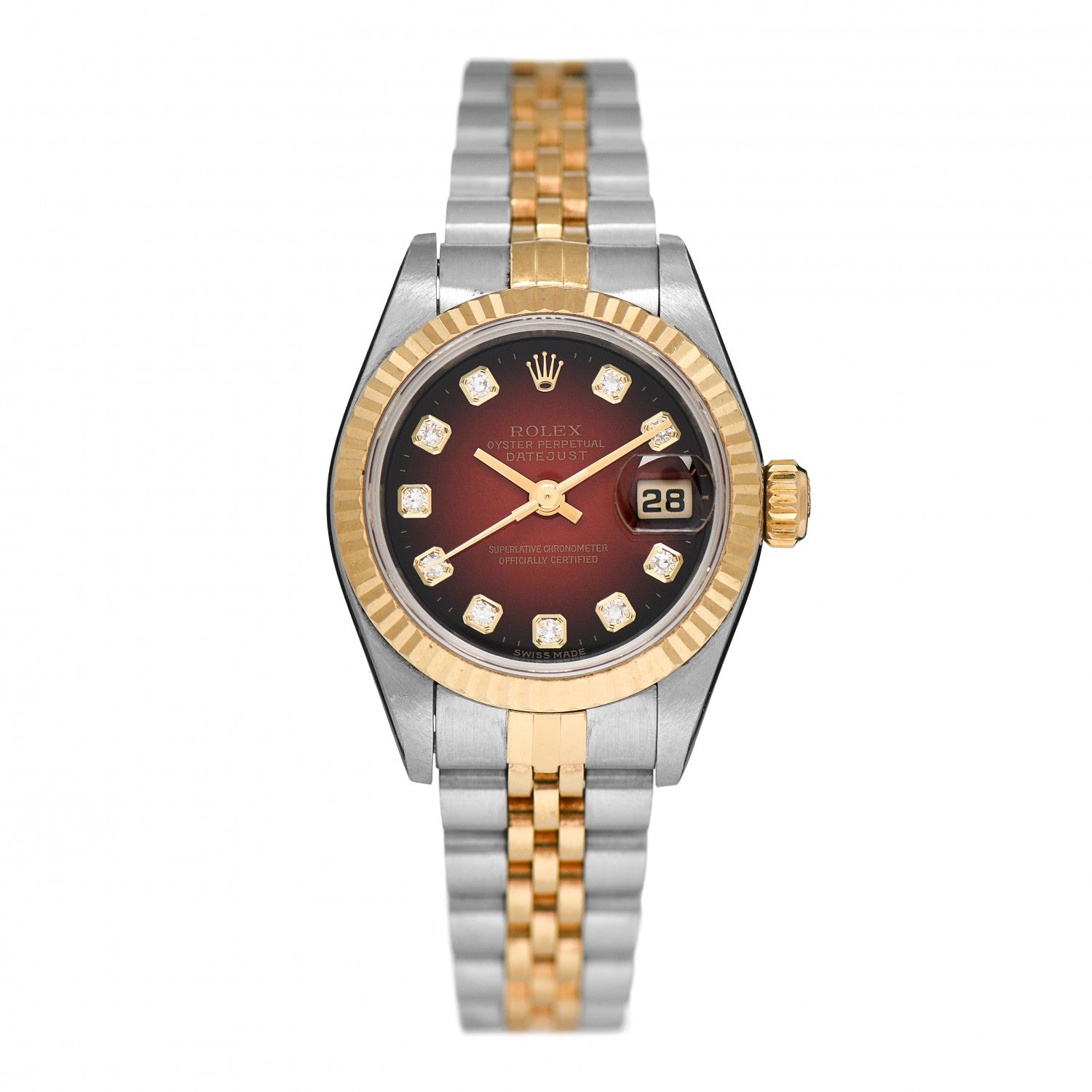 Rolex Stainless Steel 18K Yellow Gold Diamond 26mm Oyster Perpetual Datejust Watch Red Gradient 69173 1 of 4