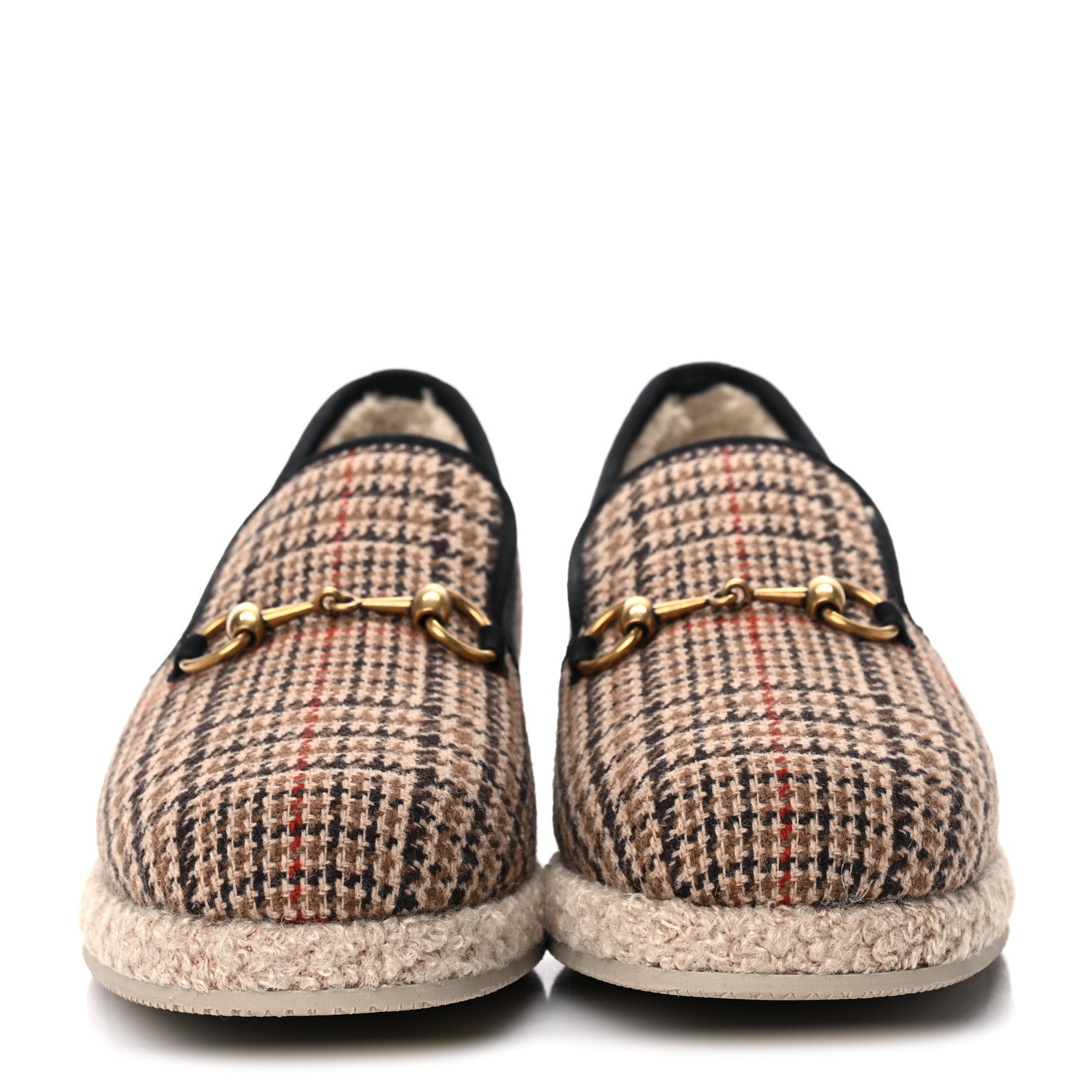 Gucci Wool Tweed Plaid Houndstooth Mens Fria Horsebit Loafers 7 Mahogany Black 2 of 8