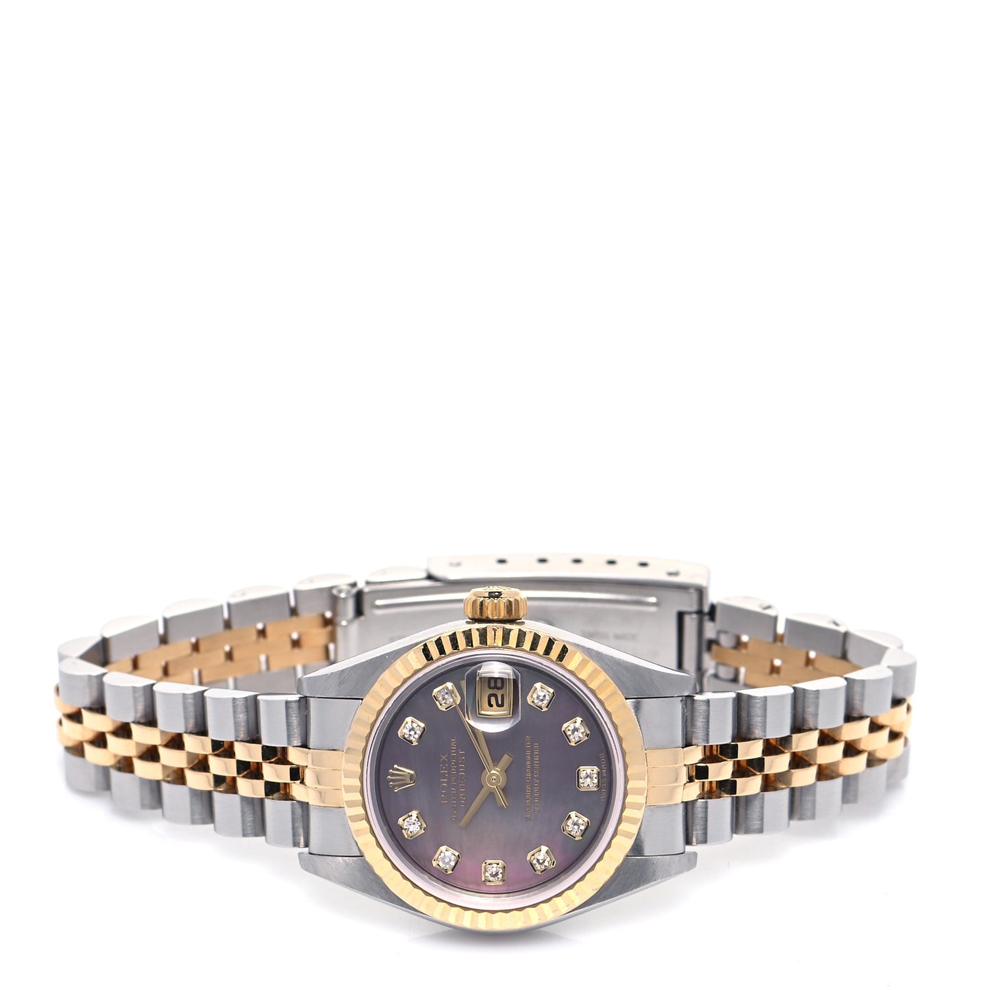 Stainless Steel 18K Yellow Gold Diamond Black Mother of Pearl 26mm Oyster Perpetual Datejust Watch 79173