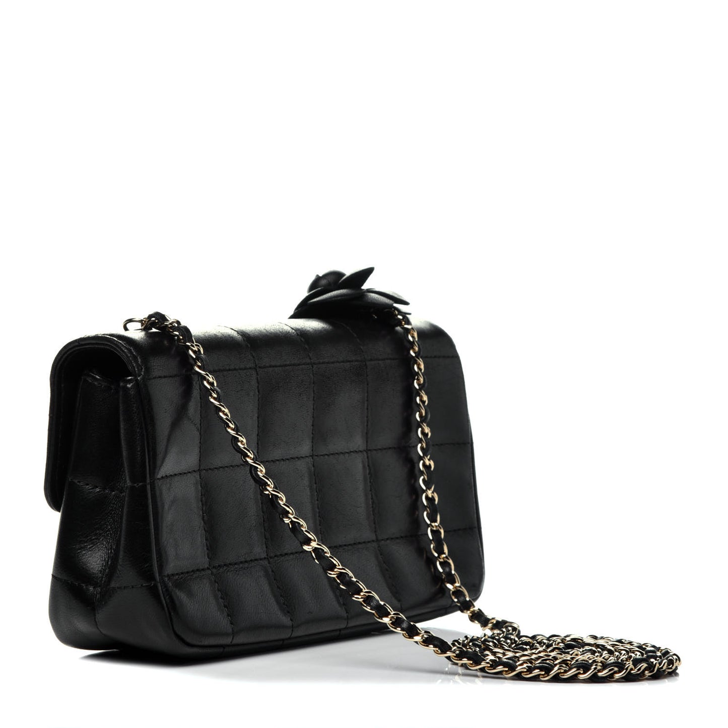 Lambskin Quilted Mini Chocolate Bar Camellia Flap Black