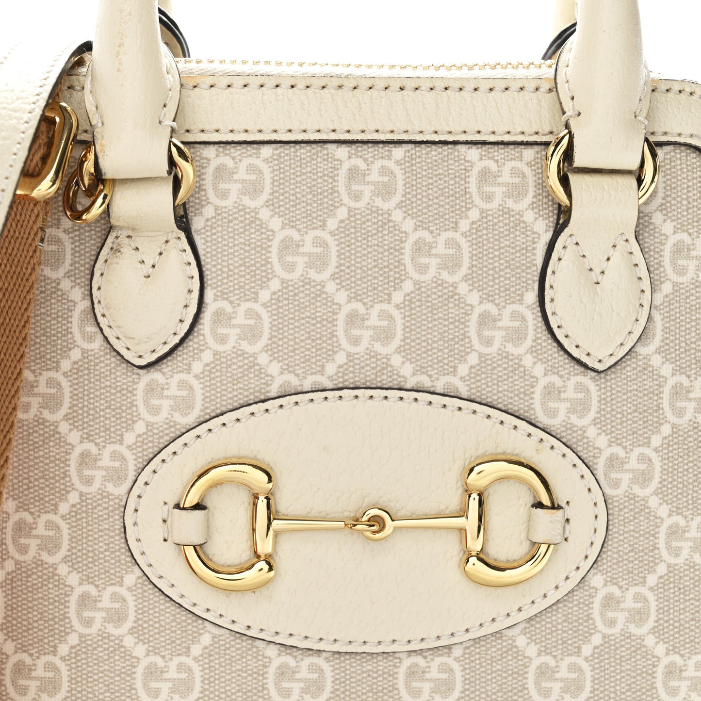 GG Supreme Monogram Textured Dollar Calfskin Mini Horsebit 1955 Top Handle Bag Beige Mystic White Oatmeal