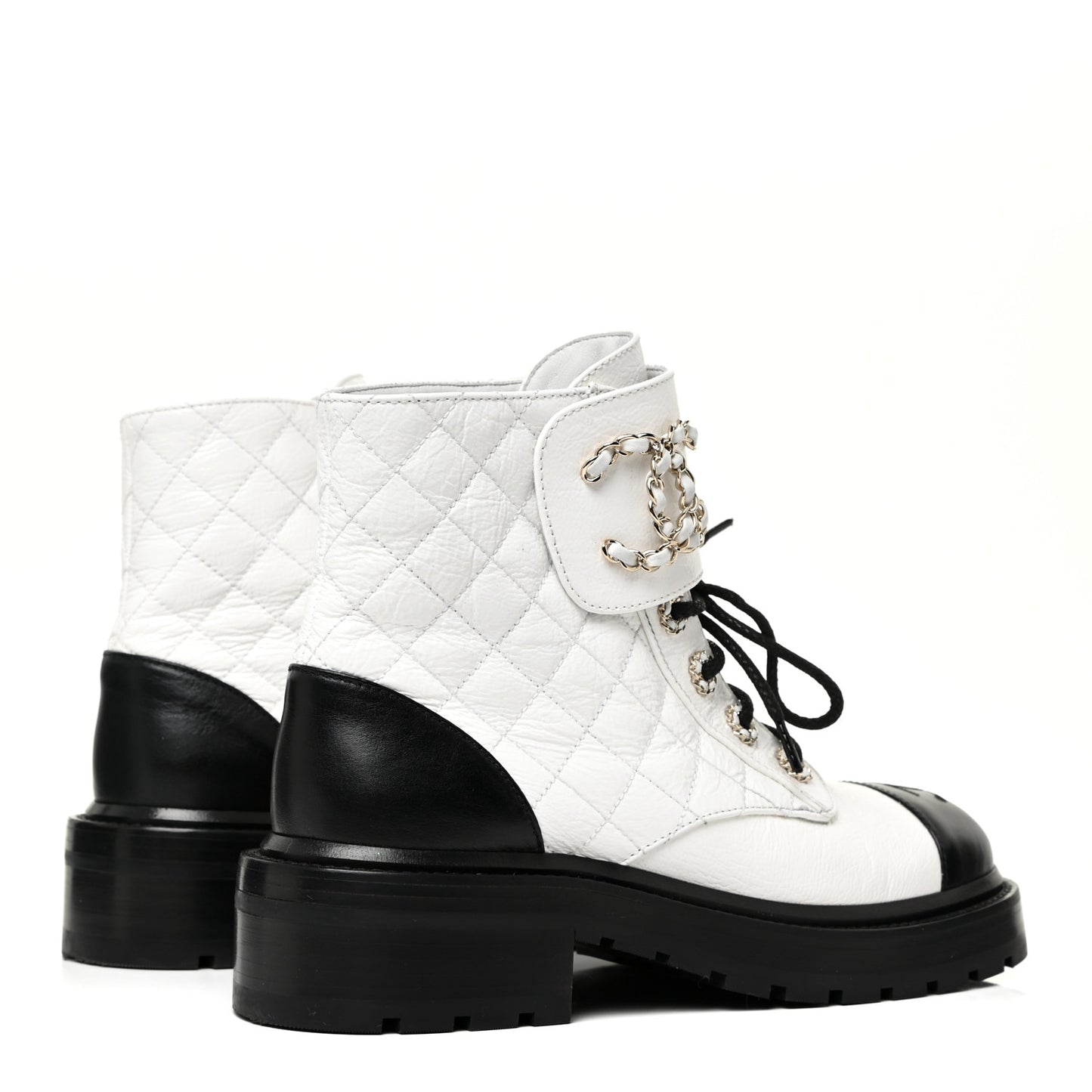 Shiny Goatskin Calfskin Quilted Lace Up Combat Boots 37 White Black