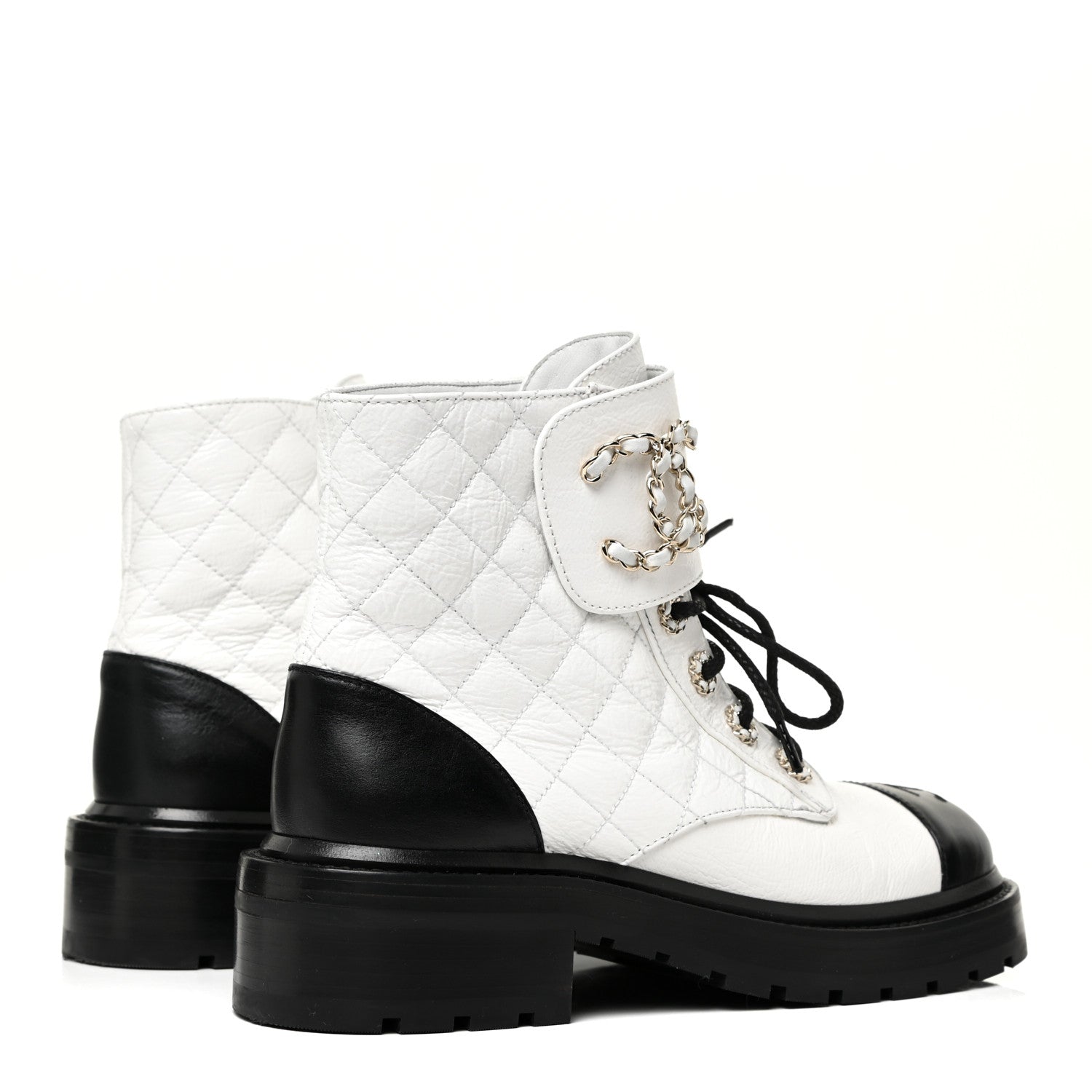 Chanel Shiny Goatskin Calfskin Quilted Lace Up Combat Boots 37 White Black 4 of 12
