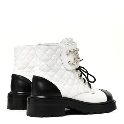 Chanel Shiny Goatskin Calfskin Quilted Lace Up Combat Boots 37 White Black 4 of 12