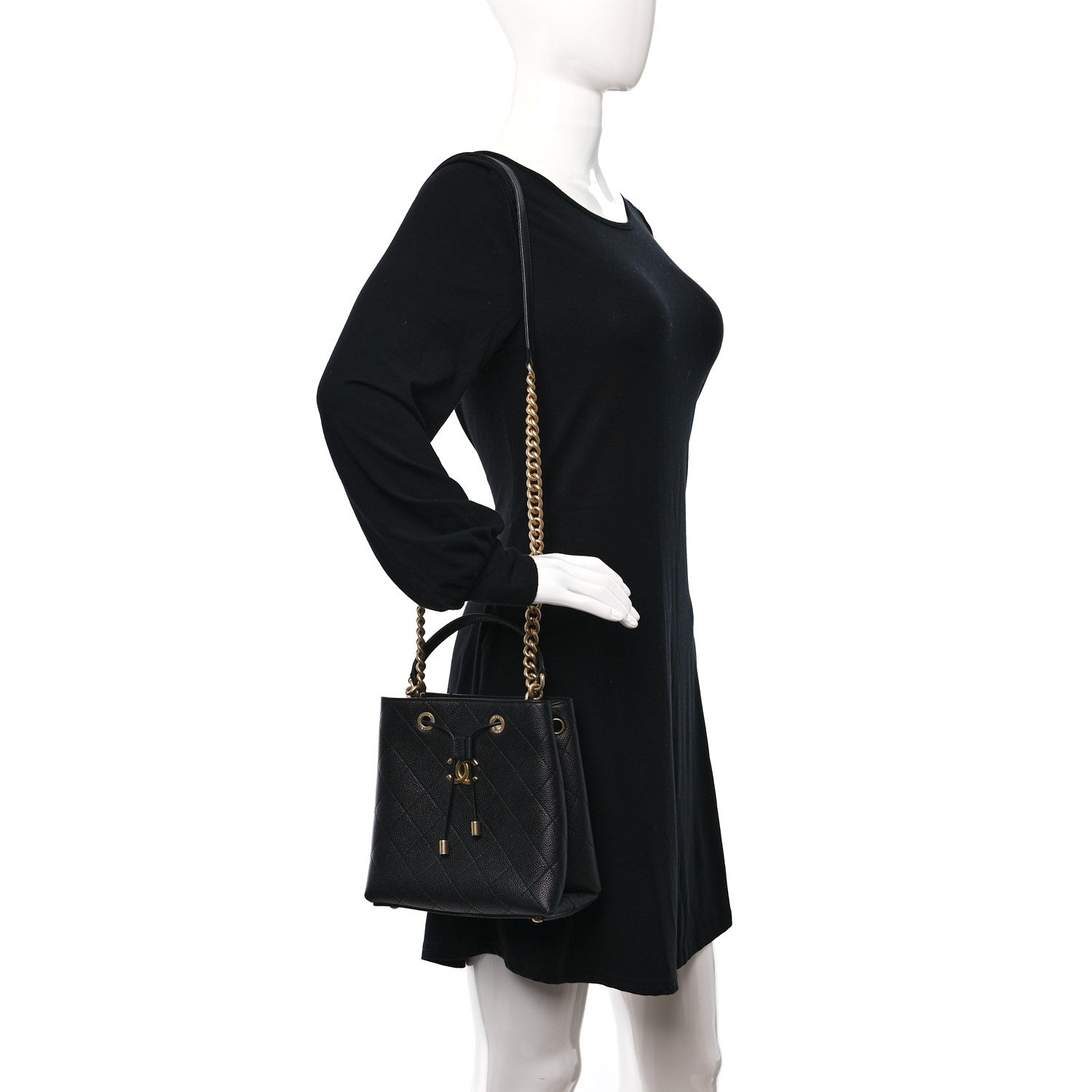 Chanel Grained Calfskin Stitched Small Drawstring Bag Black 2 of 9