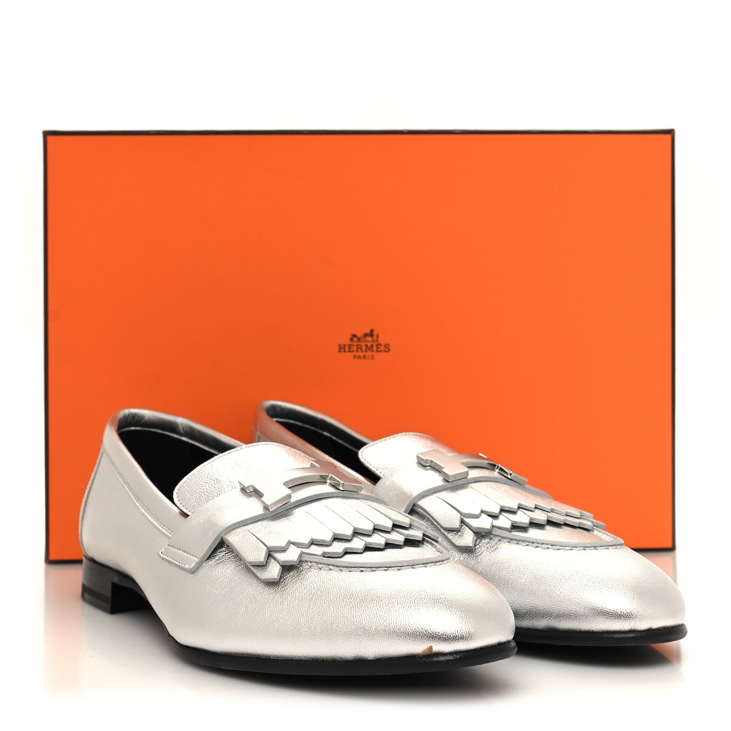Hermes Metallic Goatskin Womens Royal Loafers 38.5 Gris Argente 10 of 10