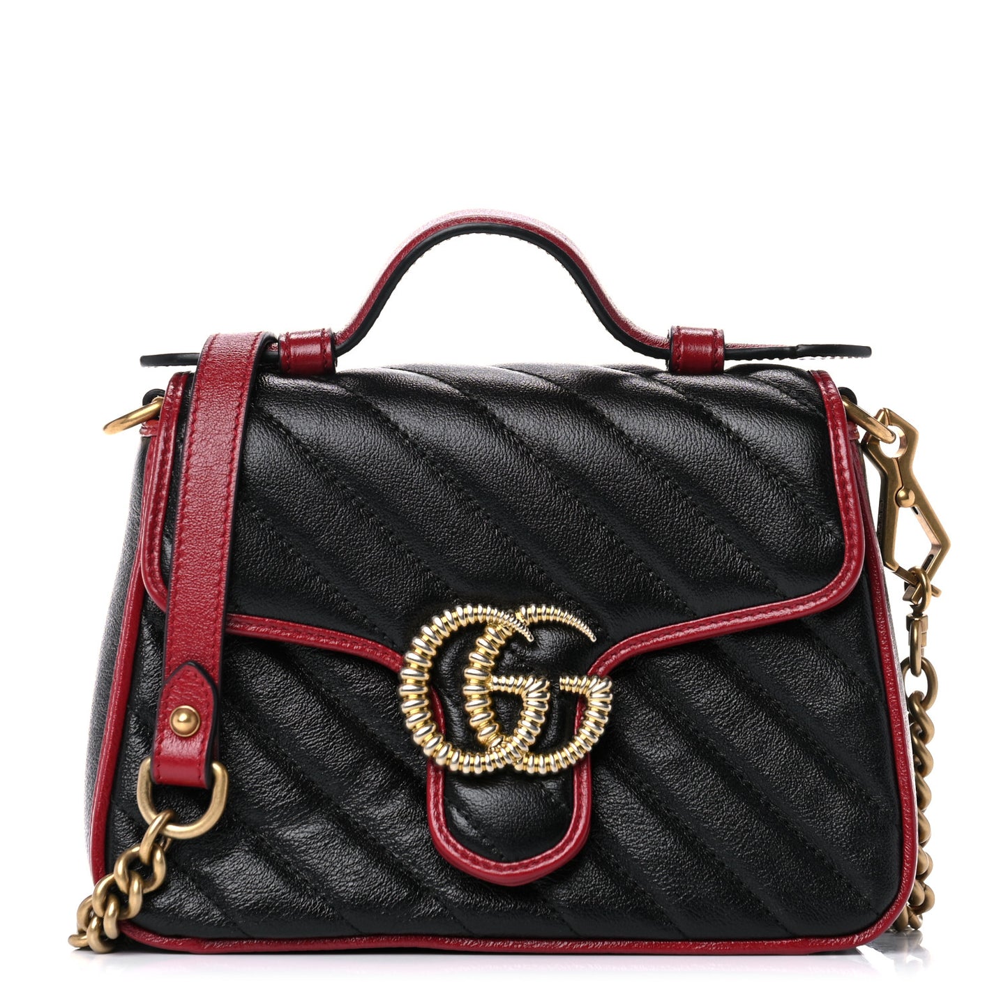 Vintage Effect Calfskin Matelasse Diagonal Mini Torchon GG Marmont Top Handle Shoulder Bag Black Romantic Cherry