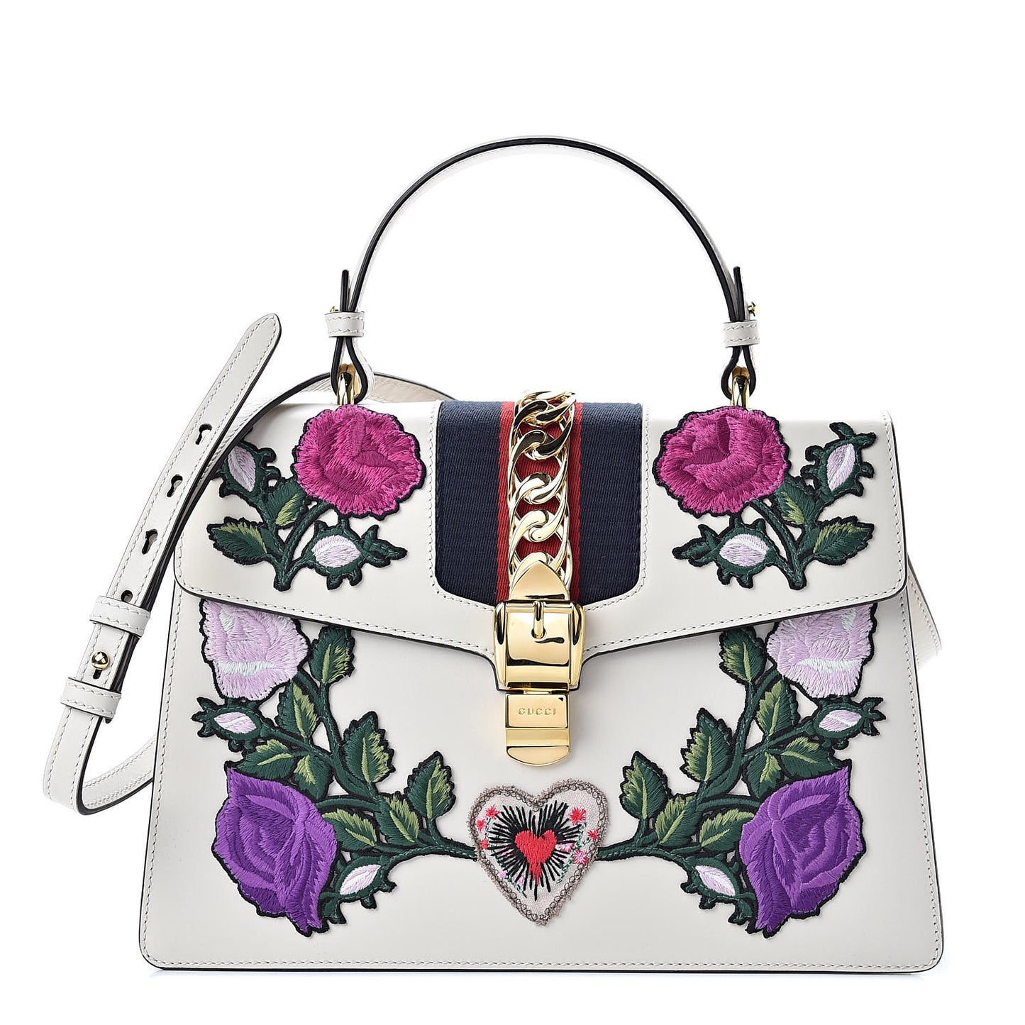 Calfskin Embroidered Medium Sylvie Top Handle Bag White