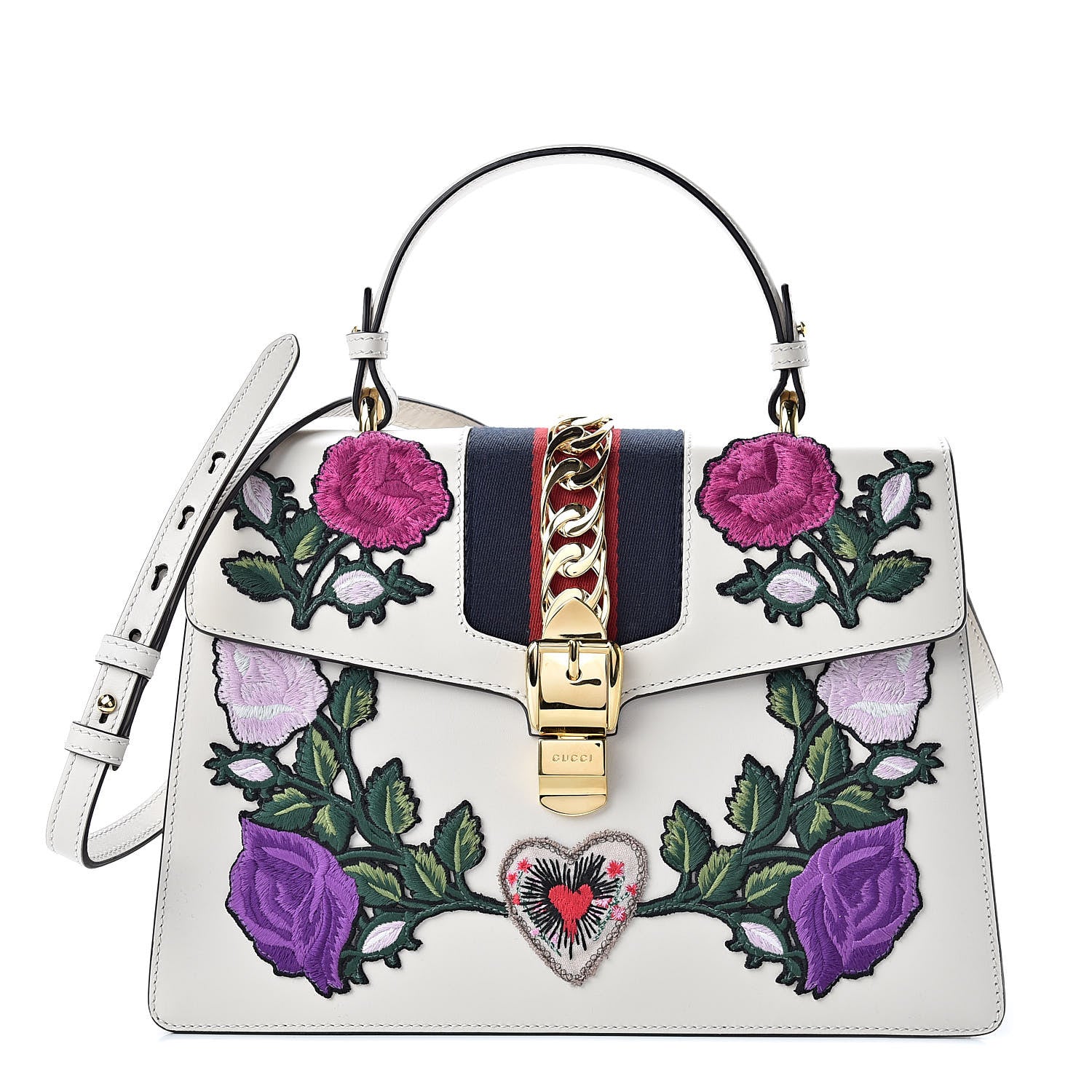 Gucci Calfskin Embroidered Medium Sylvie Top Handle Bag White 1 of 10