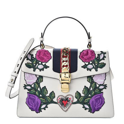 Gucci Calfskin Embroidered Medium Sylvie Top Handle Bag White 1 of 10
