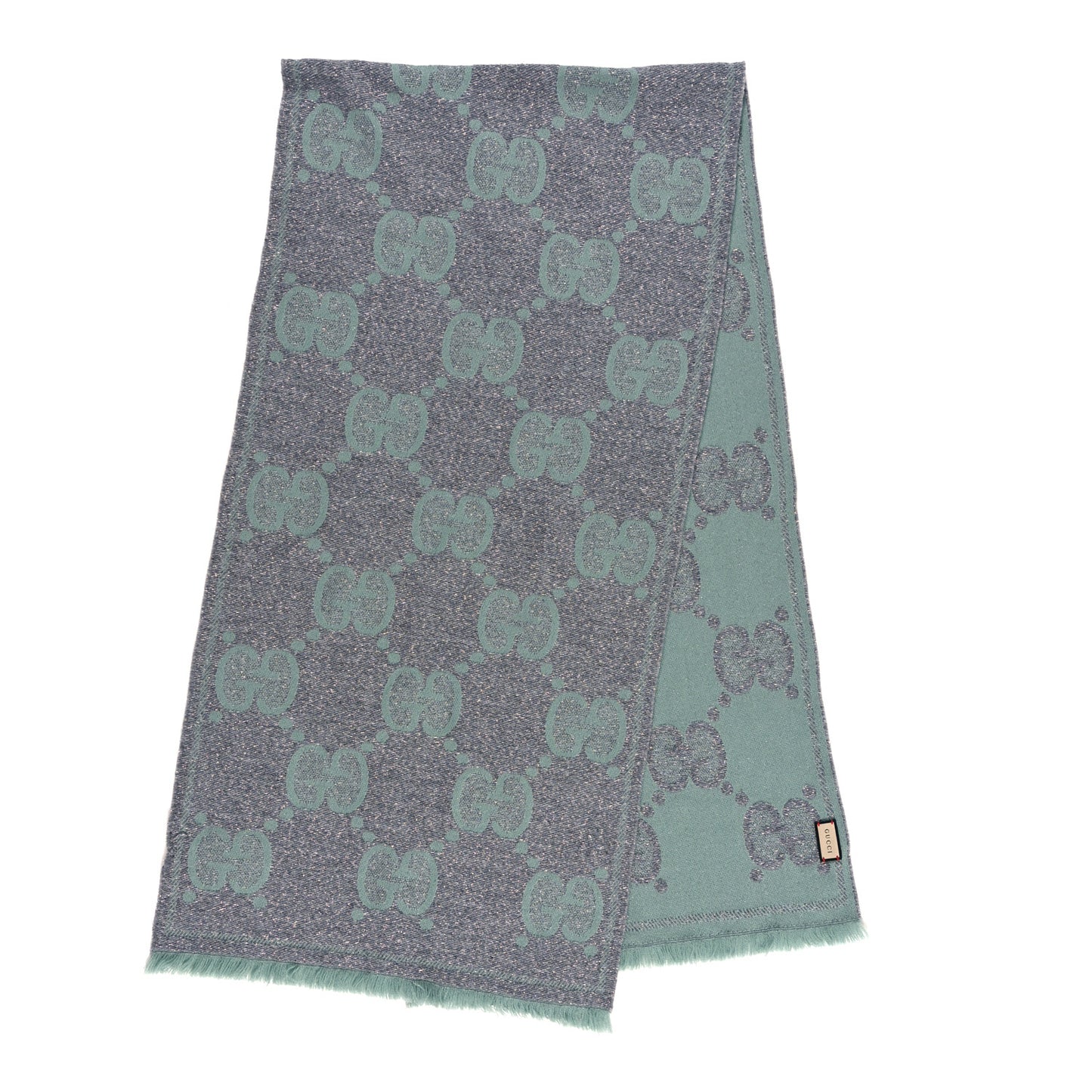 Wool Lame Jacquard Monogram Jumbo GG Lady Nest Lux Scarf Aqua Medium Grey