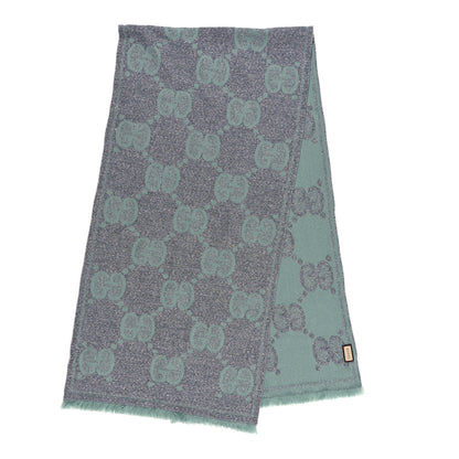 Gucci Wool Lame Jacquard Monogram Jumbo GG Lady Nest Lux Scarf Aqua Medium Grey 2 of 4