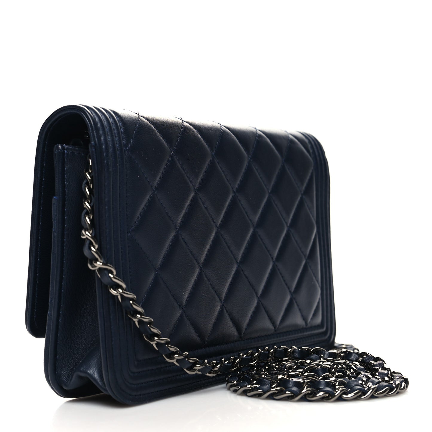 Lambskin Quilted Boy Wallet On Chain WOC Navy Blue
