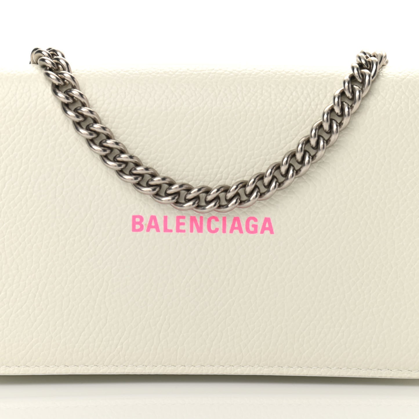 Grained Calfskin Logo Cash Phone Holder Wallet On Chain White Fluo Pink