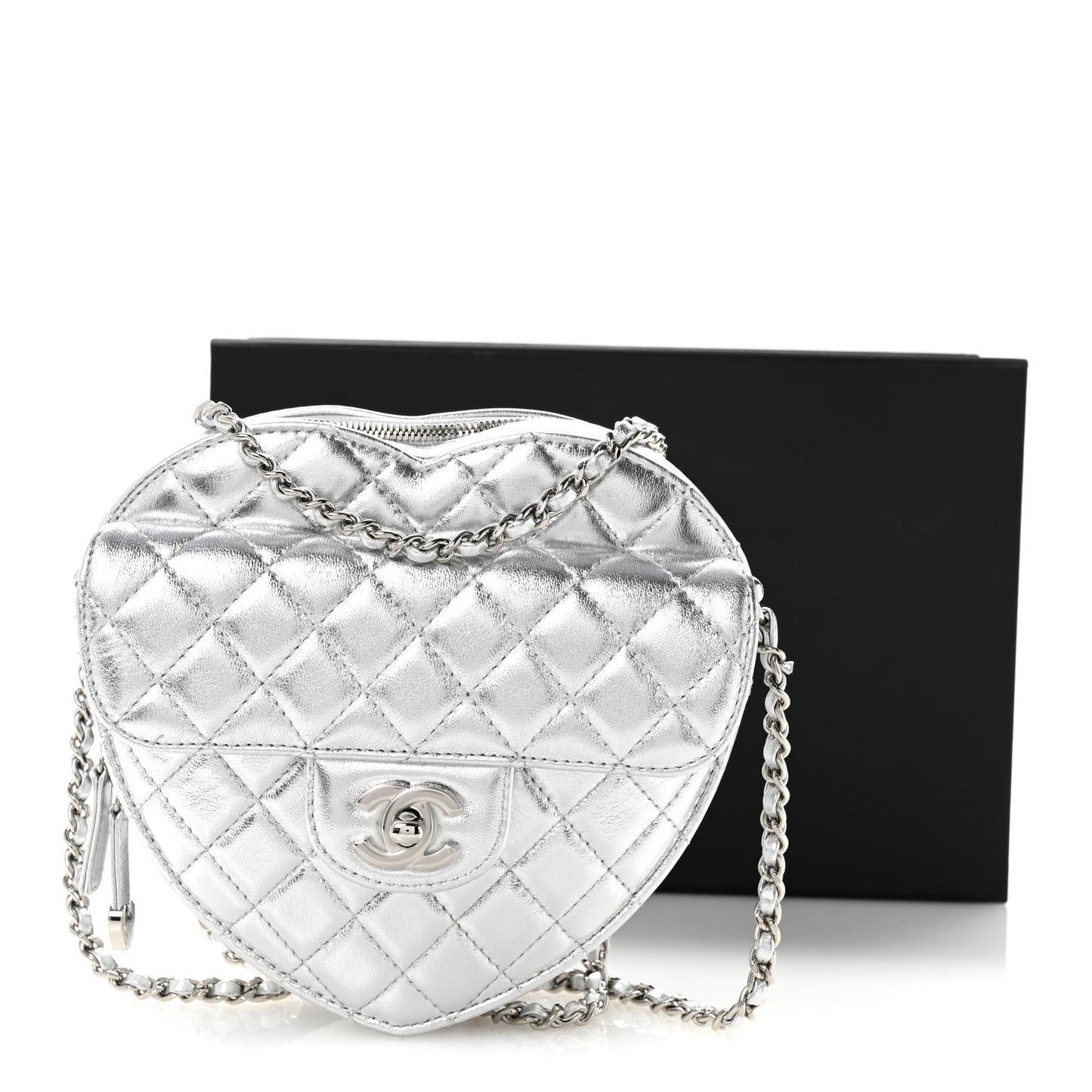 Metallic Lambskin Quilted Large CC In Love Heart Bag Silver