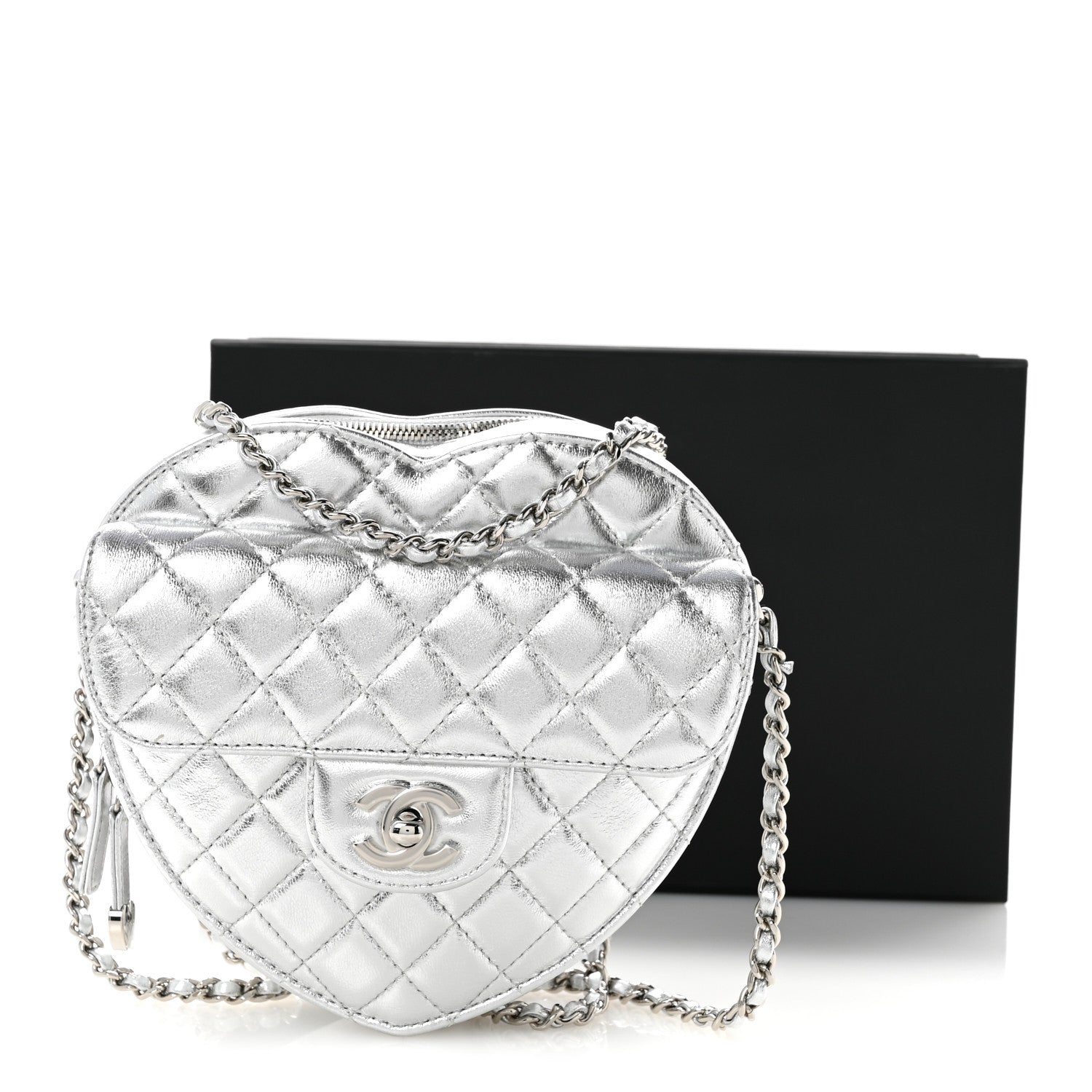 Chanel Metallic Lambskin Quilted Large CC In Love Heart Bag Silver 13 of 13
