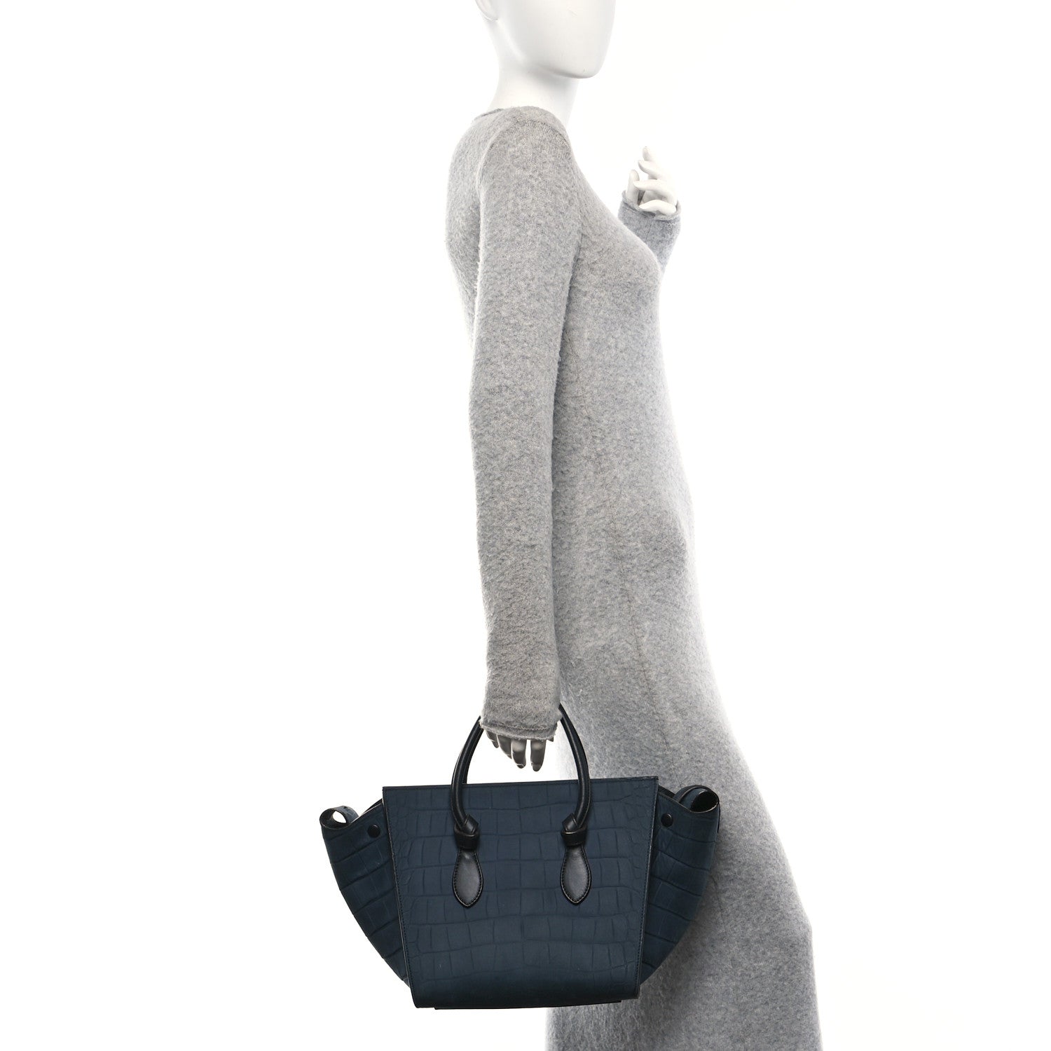 Celine Smooth Calfskin Nubuck Crocodile Embossed Small Tie Knot Tote Navy 2 of 9
