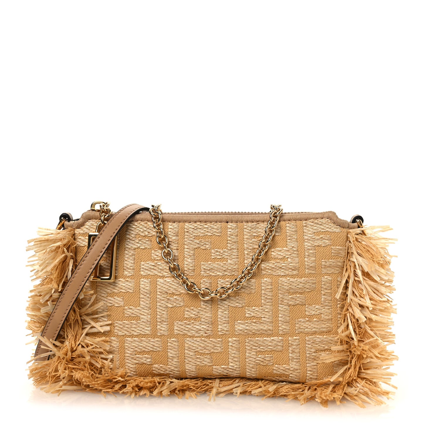 Raffia Fringe FF Embroidered Baguette Pouch Natural Dark Honey