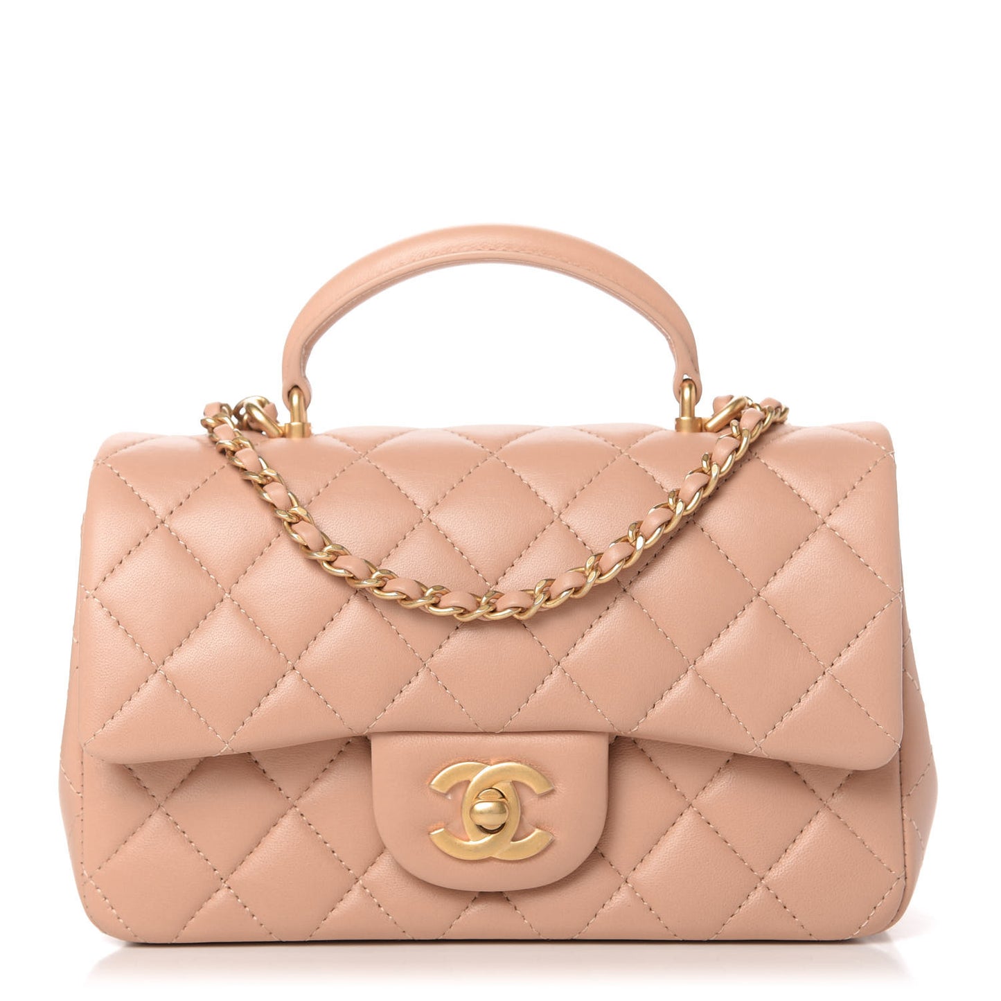 Lambskin Quilted Mini Top Handle Rectangular Flap Beige