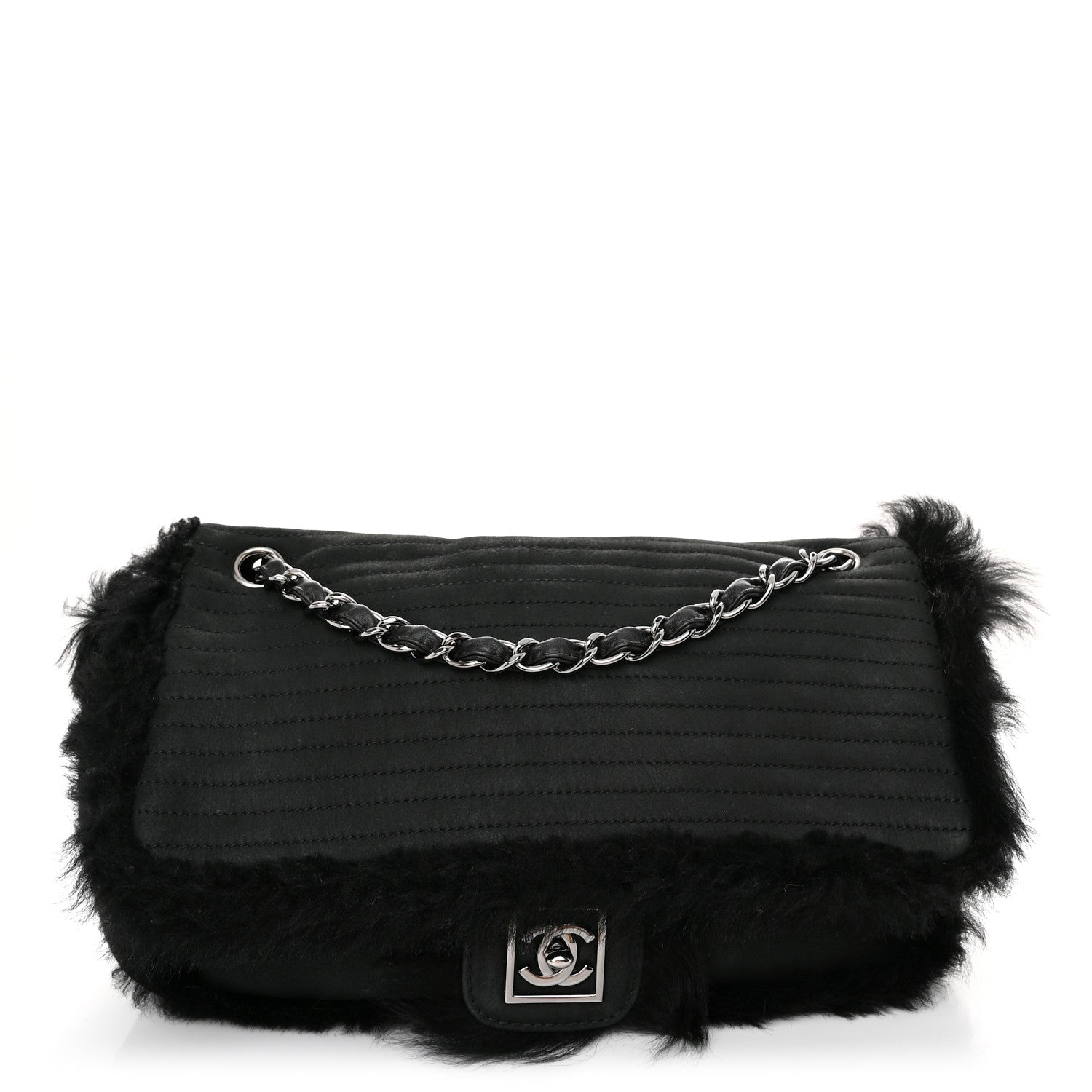 Chanel Suede Fur Quilted Flap Black 1 of 10