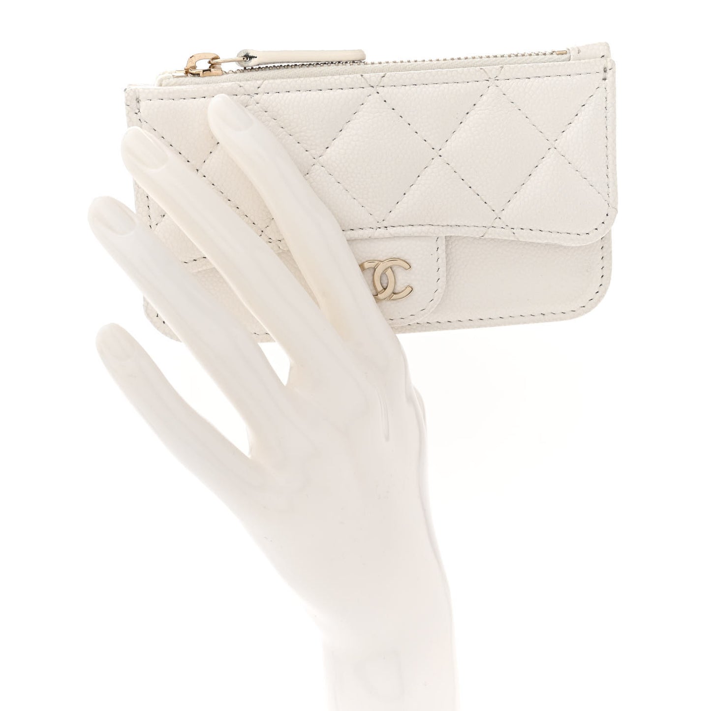 Caviar Quilted Flap Zip Card Holder White