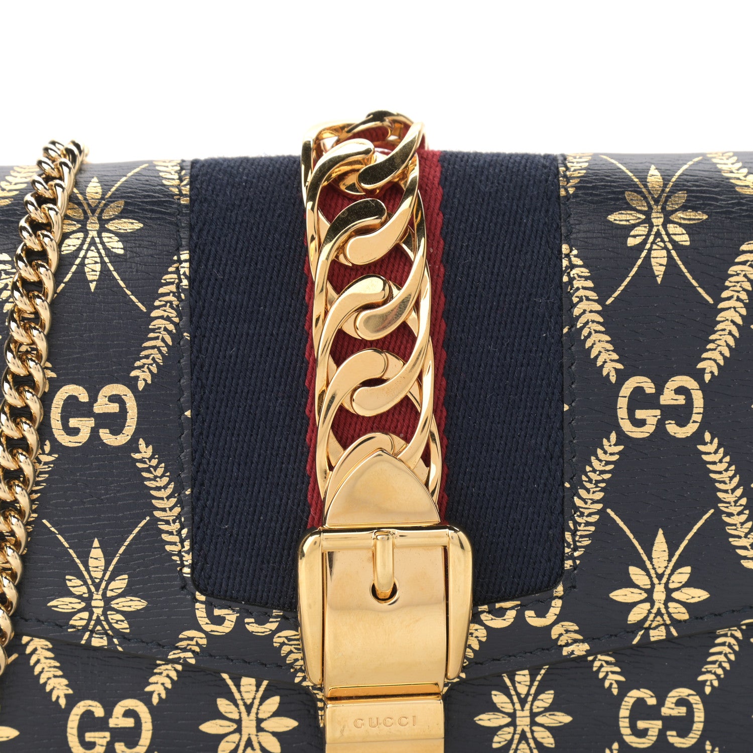 Gucci Textured Calfskin Super Mini Sylvie Chain Shoulder Bag Navy Gold 8 of 11