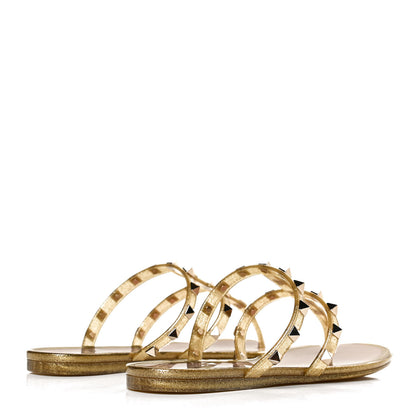 Valentino Garavani PVC Jelly Glitter Rockstud Caged Flat Thong Sandals 37 Oro 6 of 14