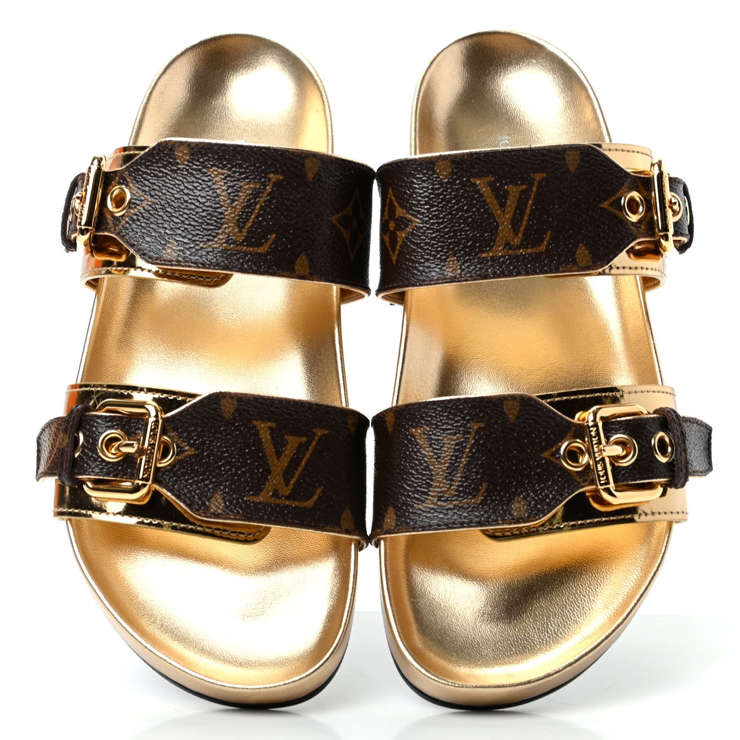 Patent Calfskin Monogram Bom Dia Mule Sandals 35 Gold