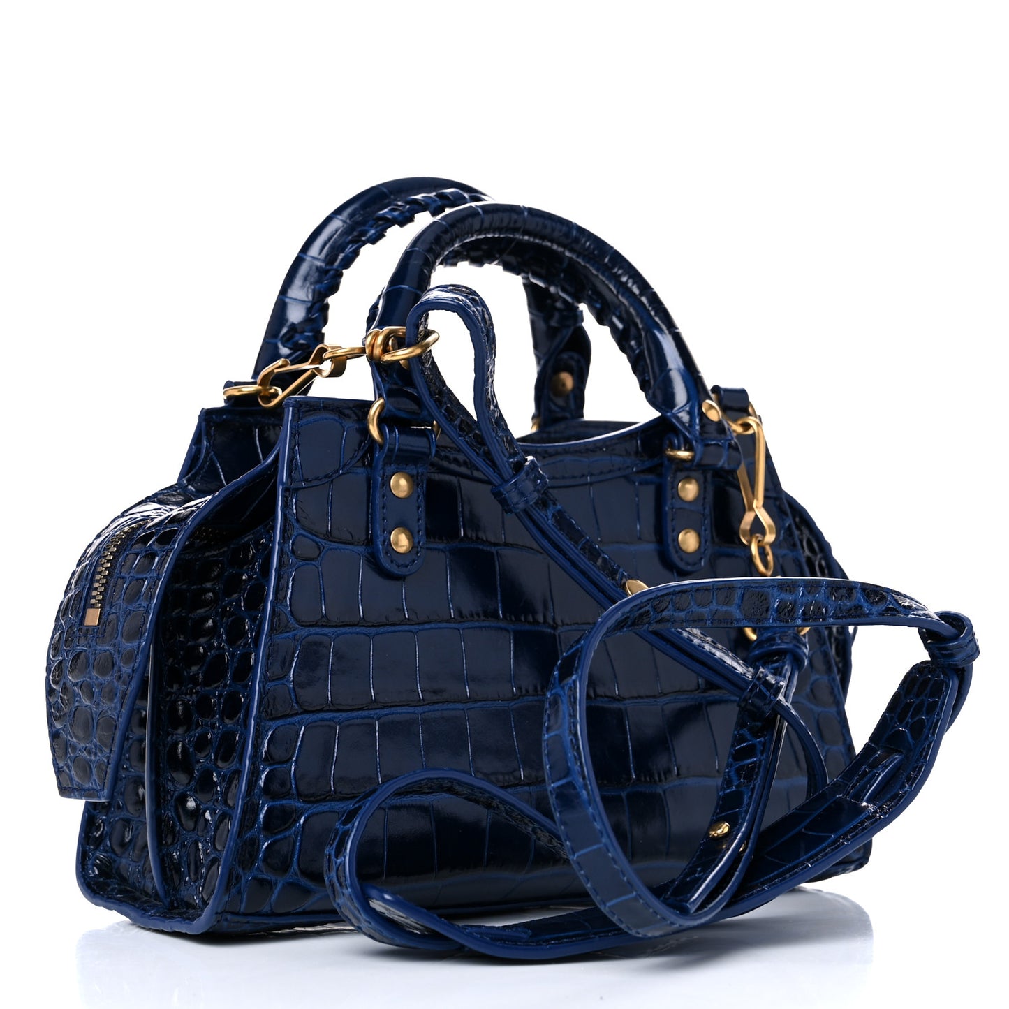 Shiny Supple Calfskin Crocodile Embossed Neo Classic Gold Hardware Mini City Navy