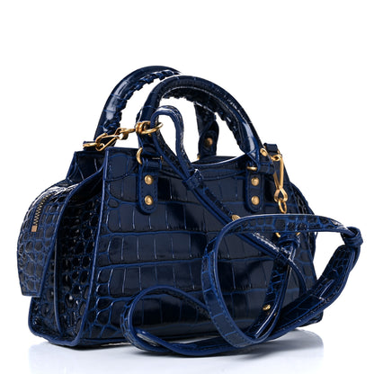Balenciaga Shiny Supple Calfskin Crocodile Embossed Neo Classic Gold Hardware Mini City Navy 2 of 12
