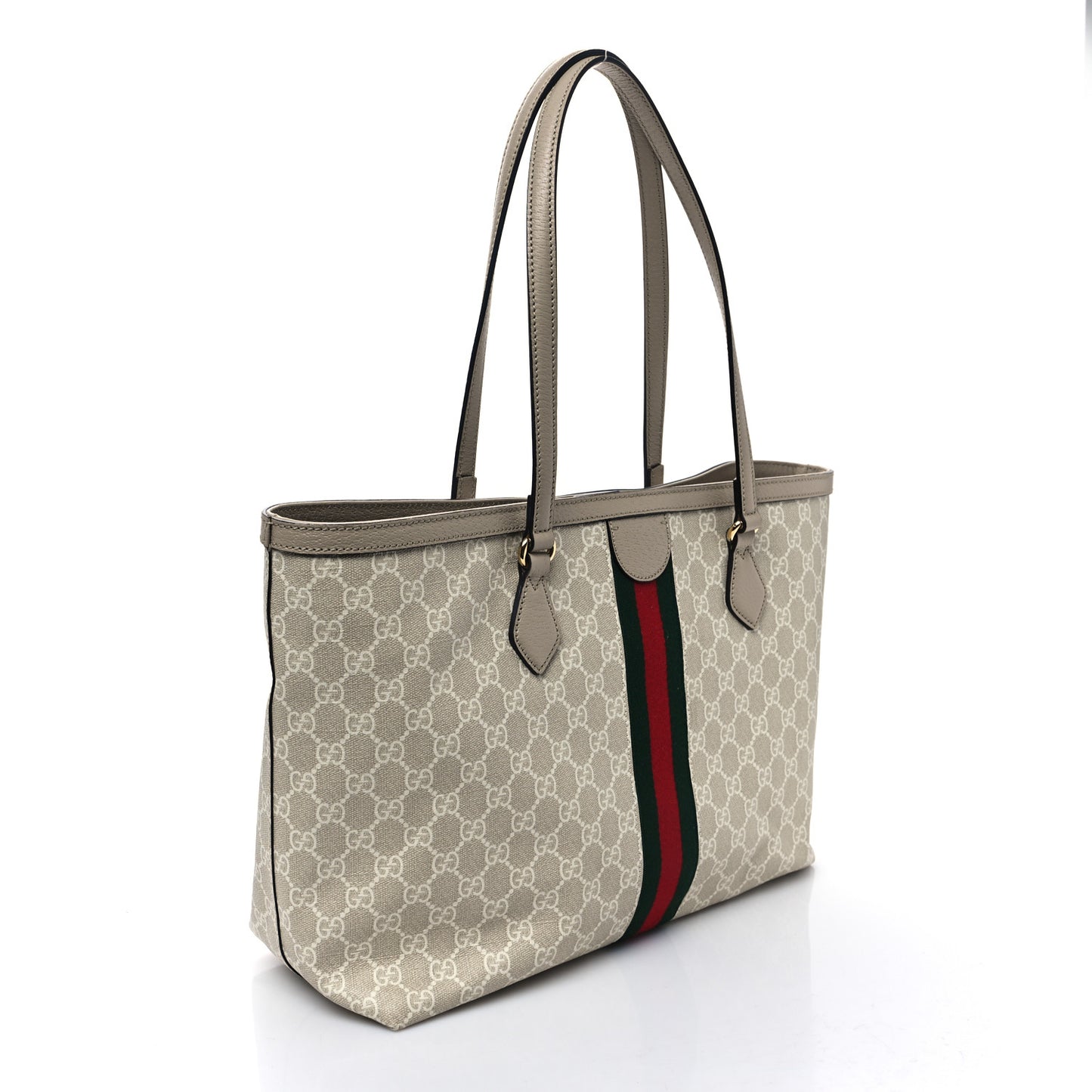 GG Supreme Monogram Textured Dollar Calfskin Web Medium Ophidia Shopping Tote Beige Mystic White Oatmeal