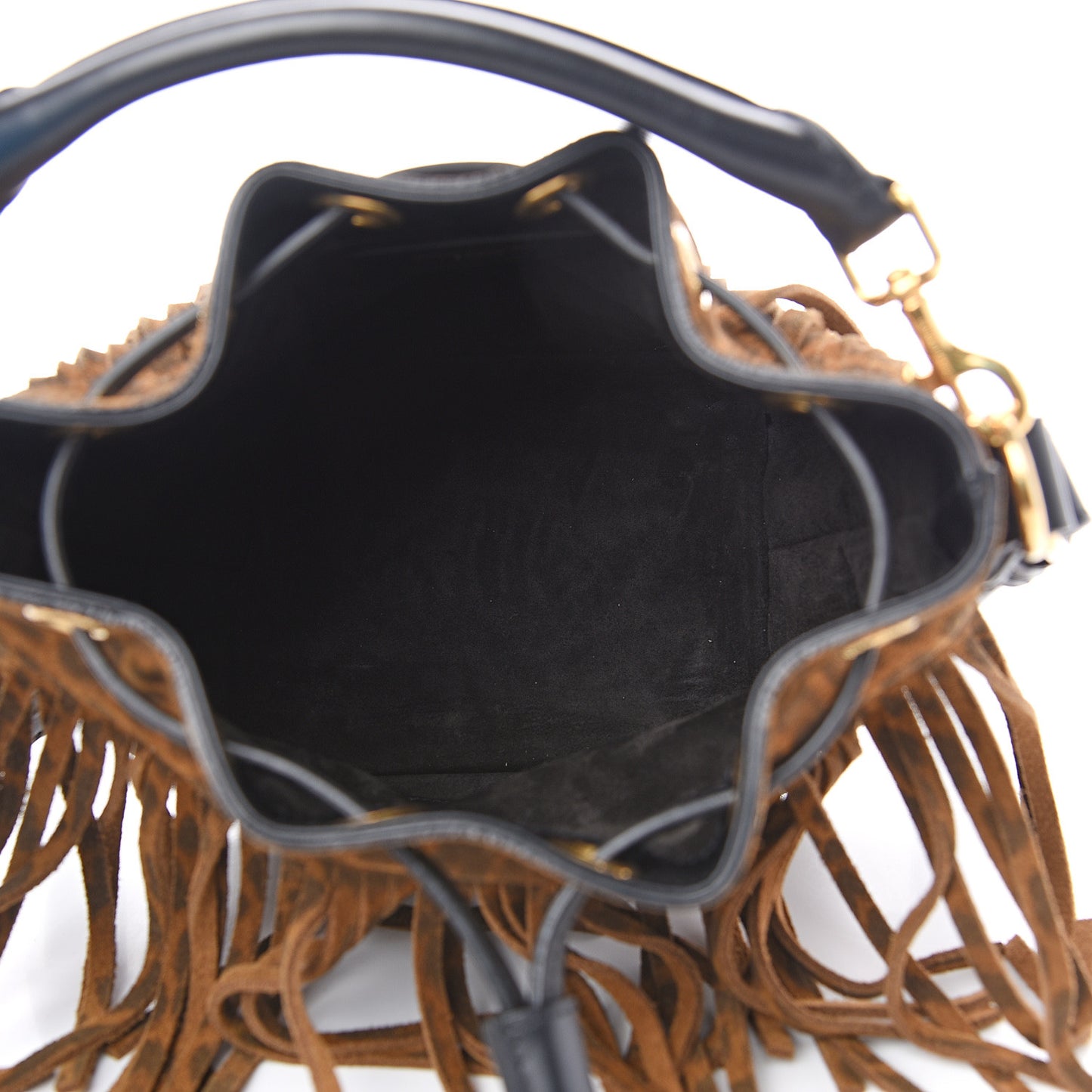 Suede Leopard Small Emmanuelle Fringe Bucket Bag Tan Black