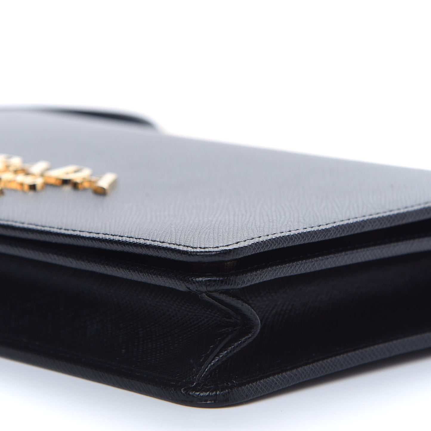 Saffiano Lux Metal Logo Chain Flap Crossbody Bag Black