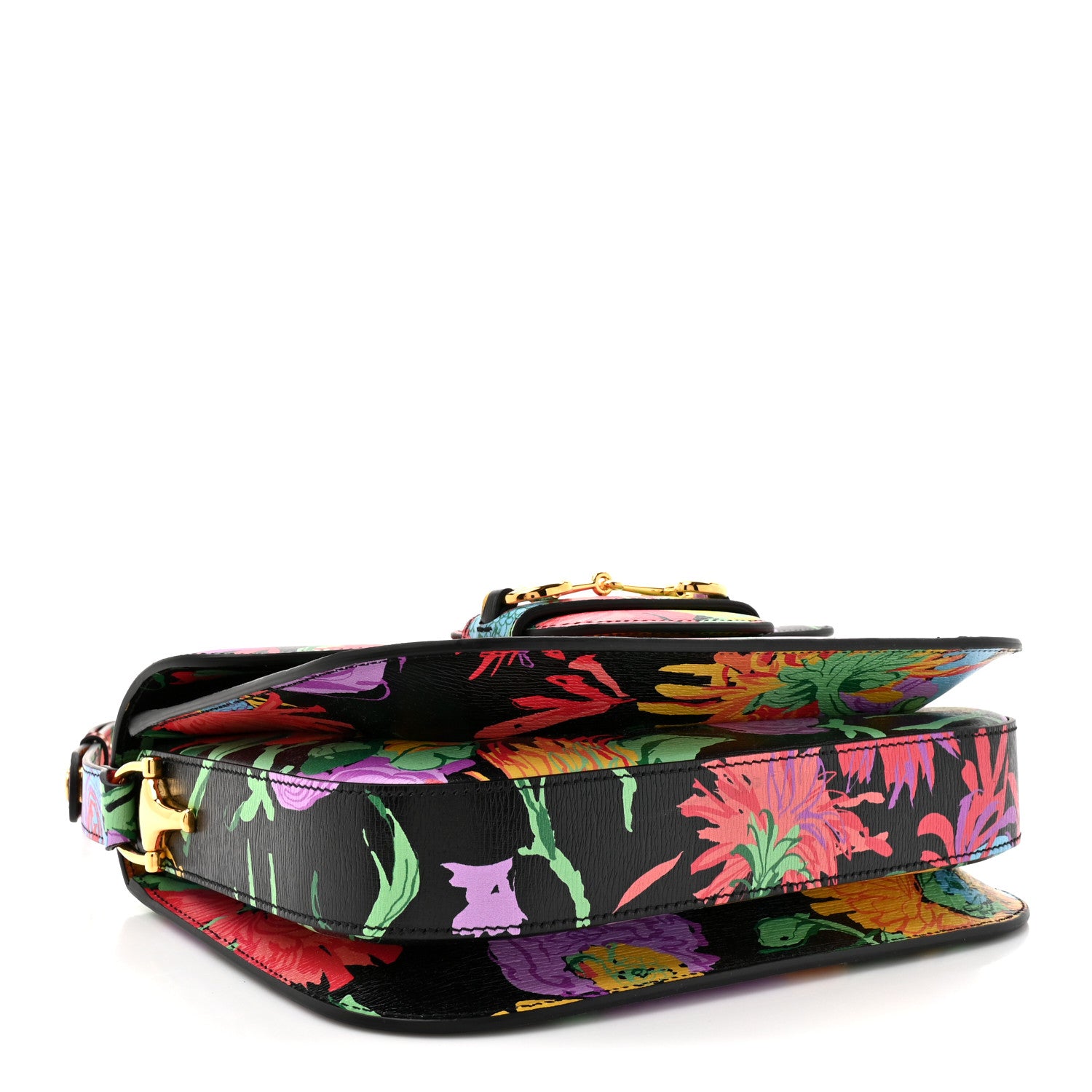 Gucci X KEN SCOTT New Shangai Calfskin Jenny Floral Print Horsebit 1955 Shoulder Bag Black Pink 4 of 10