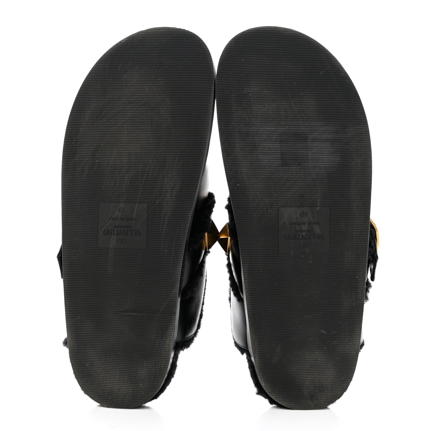 Valentino Garavani Calfskin Shearling Roman Stud River Slippers 40 Black 5 of 7