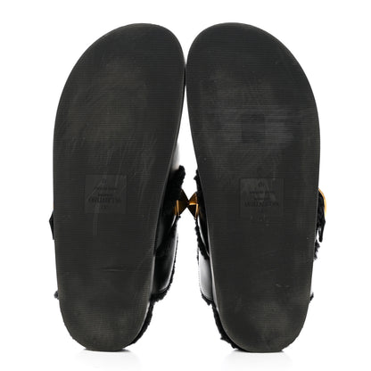 Valentino Garavani Calfskin Shearling Roman Stud River Slippers 40 Black 5 of 7