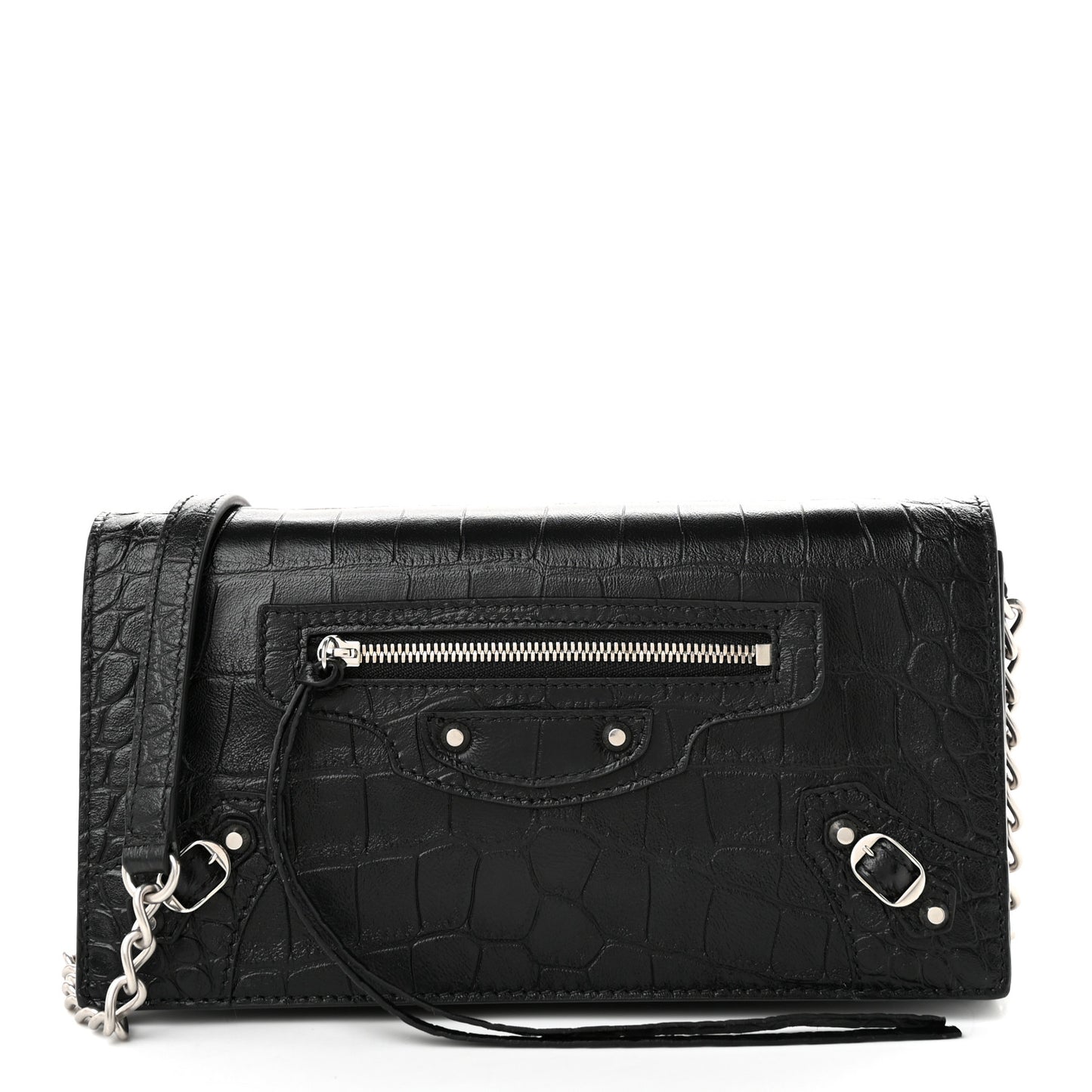 Crocodile Embossed Calfskin Classic Silver Hardware Le City Wallet On Chain Black