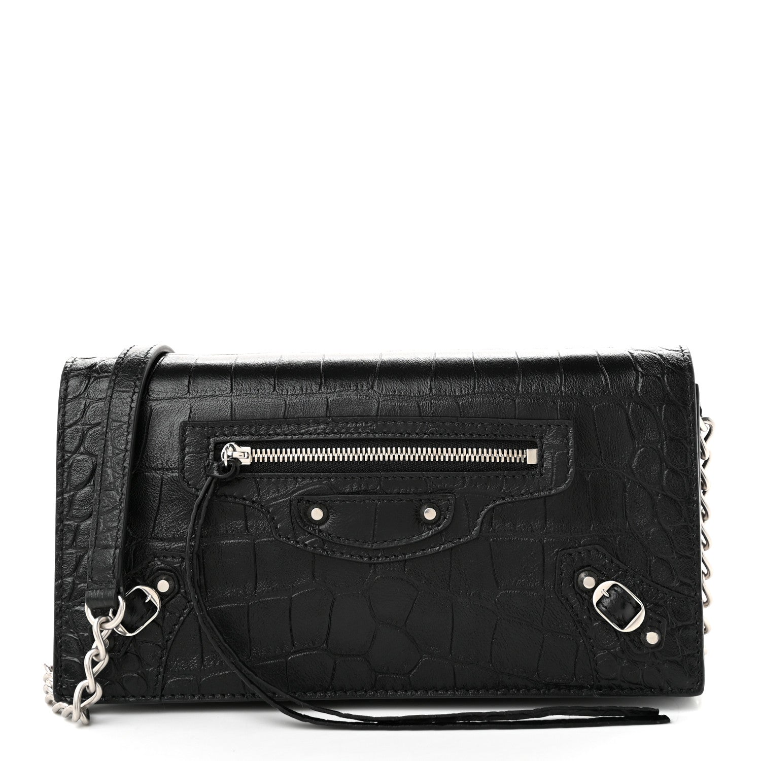Balenciaga Crocodile Embossed Calfskin Classic Silver Hardware Le City Wallet On Chain Black 1 of 9