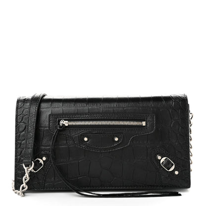 Balenciaga Crocodile Embossed Calfskin Classic Silver Hardware Le City Wallet On Chain Black 1 of 9