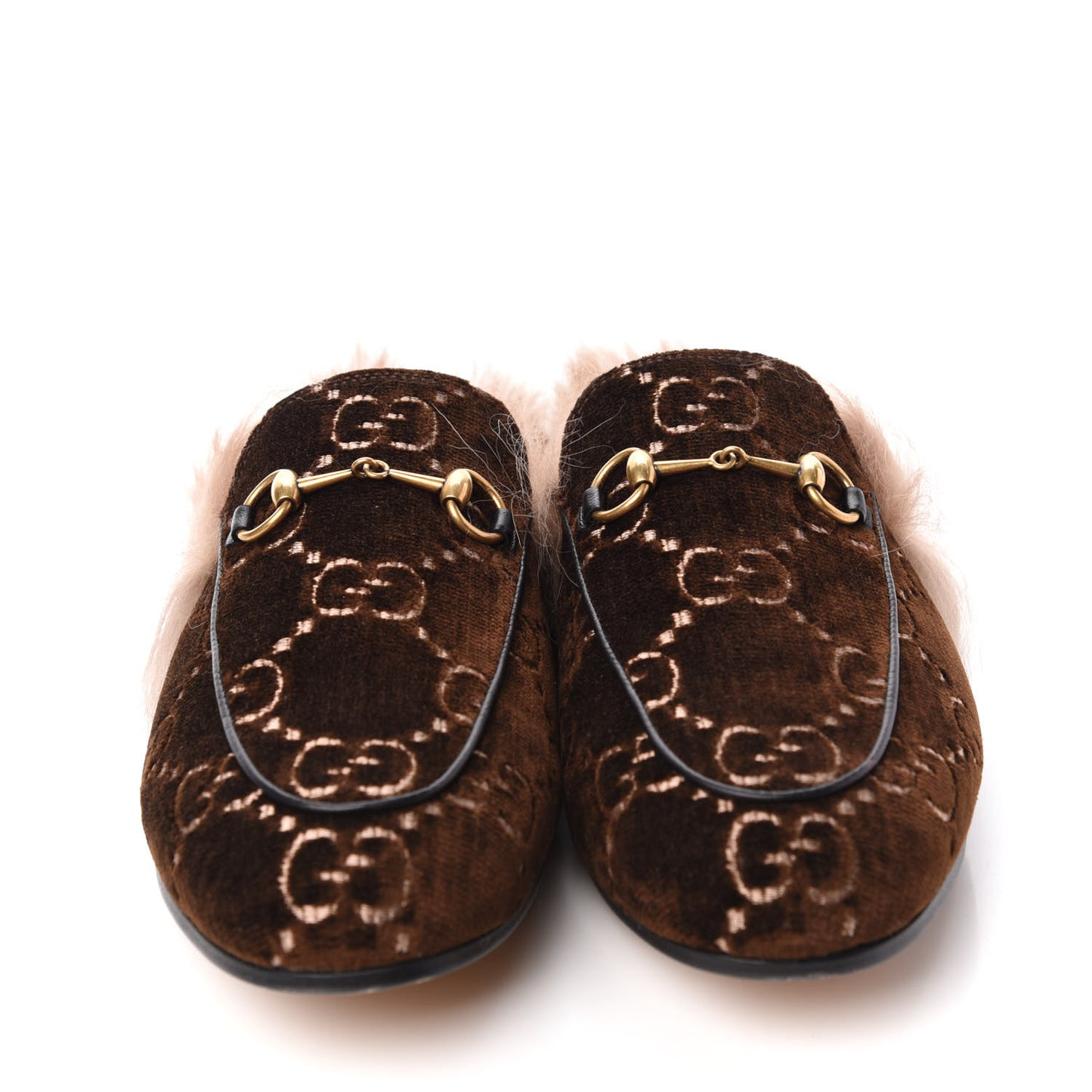 Velvet GG Monogram Fur Womens Princetown Slippers 39 Brown Black Natural