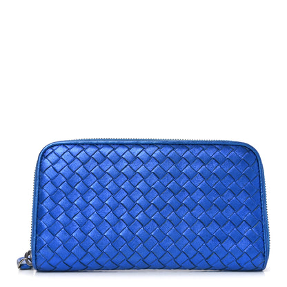 Bottega Veneta Metallic Grosgrain Intrecciato Zip Around Wallet Cobalt 1 of 10