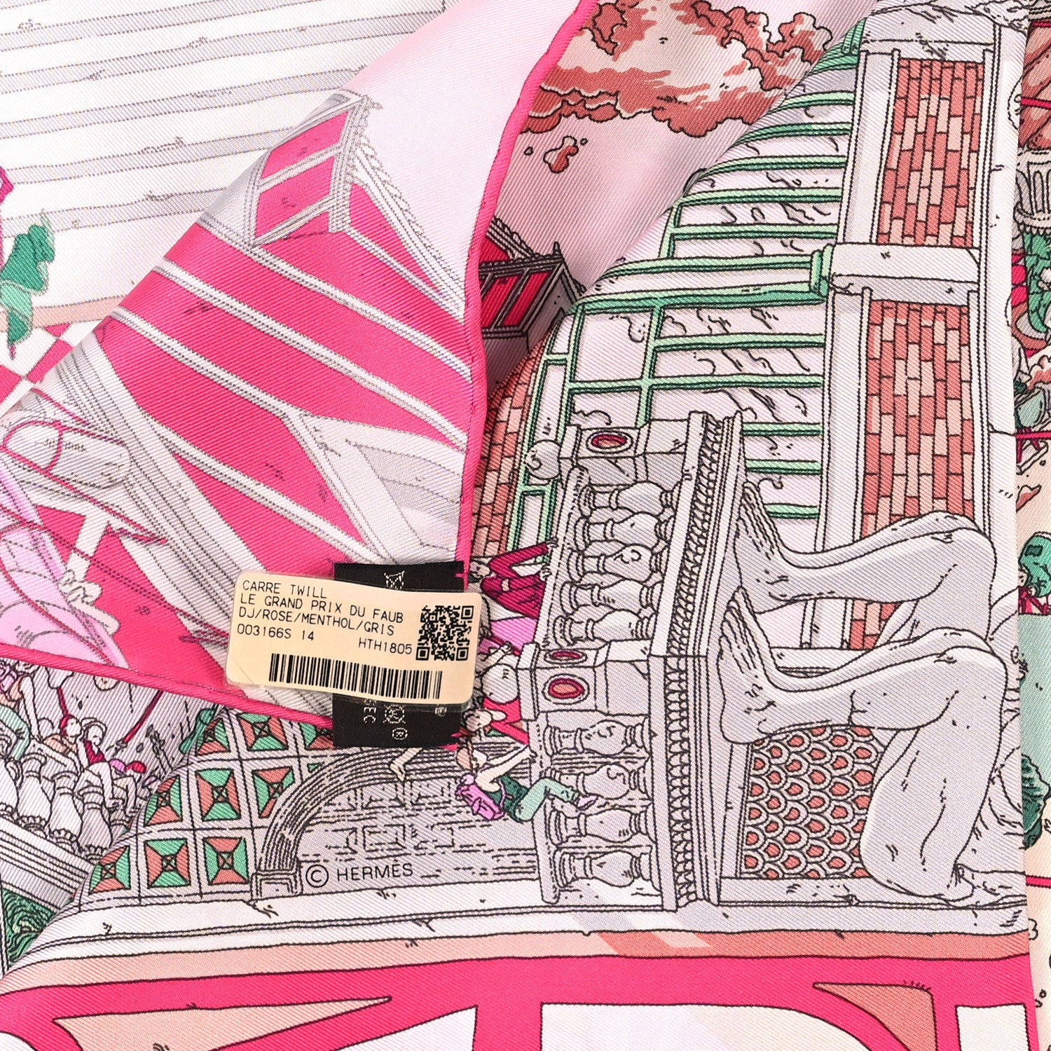 Hermes Silk Le Grand Prix du Faubourg Scarf 90 Rose Menthol Gris Perle 3 of 3