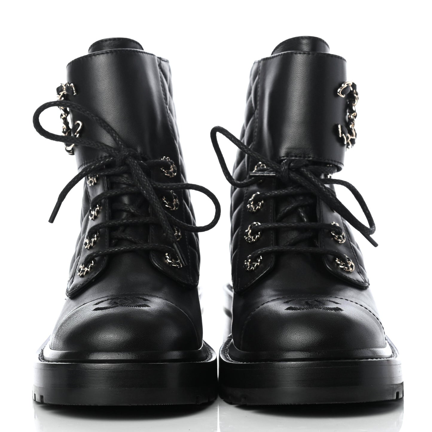 Shiny Lambskin Quilted Lace Up Combat Boots 38 Black